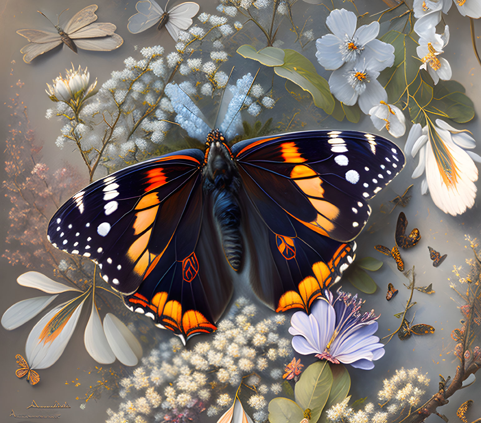 Colorful butterfly painting on blooming flowers with insects.