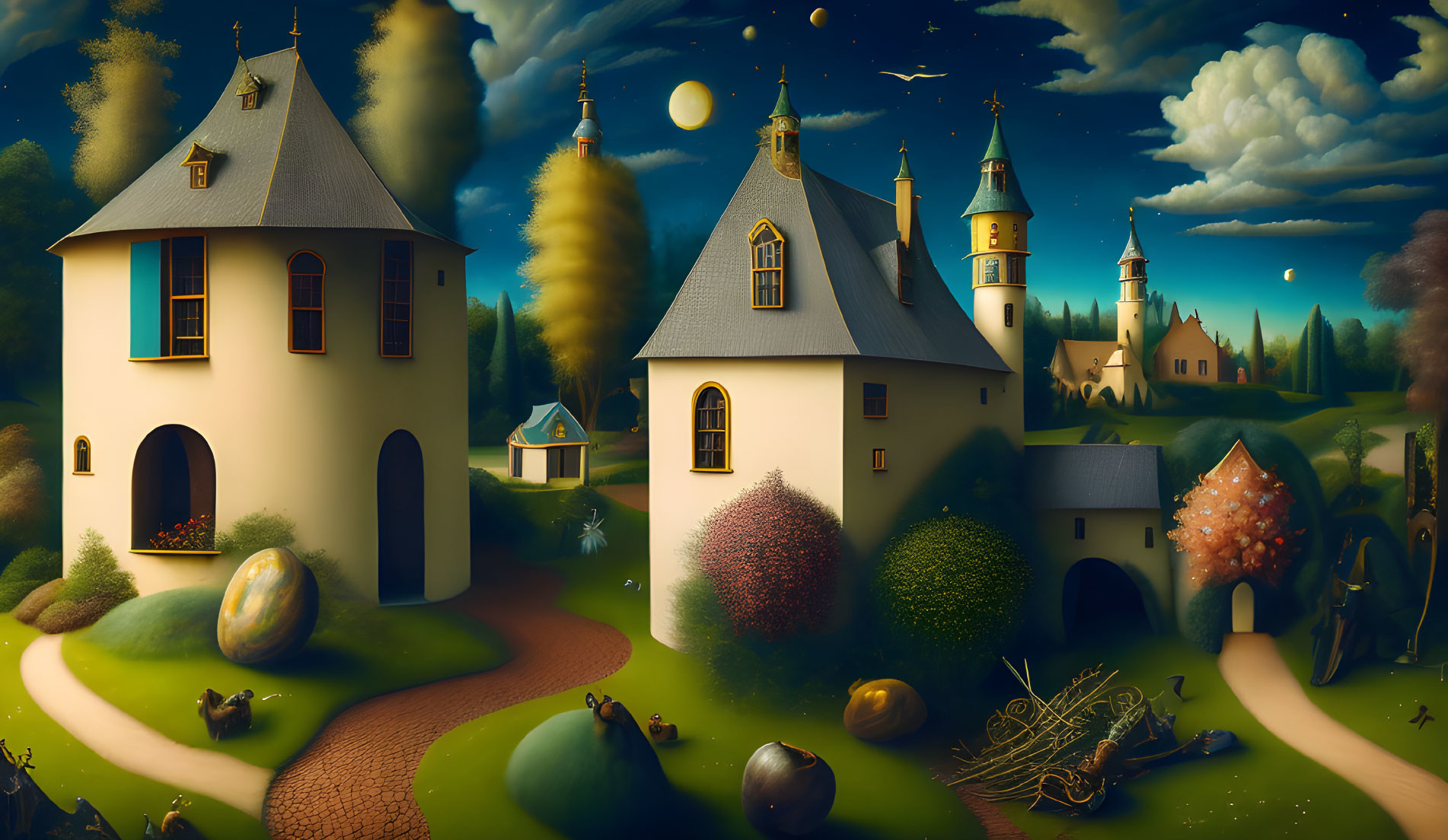 Surreal twilight landscape with castles, moons, fruits, and tiny figures