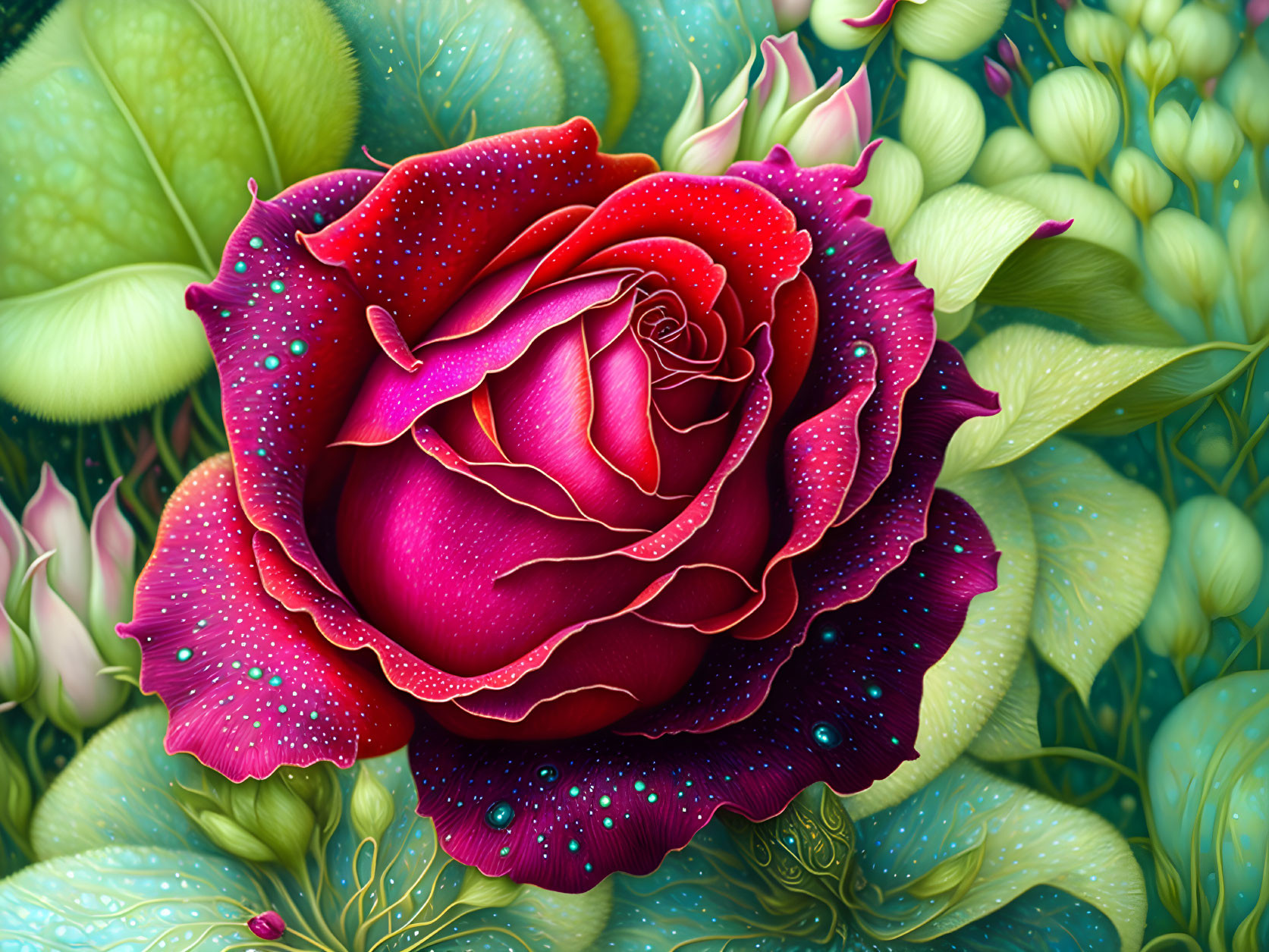 Detailed Illustration of Red Rose with Dewdrops and Green Leaves