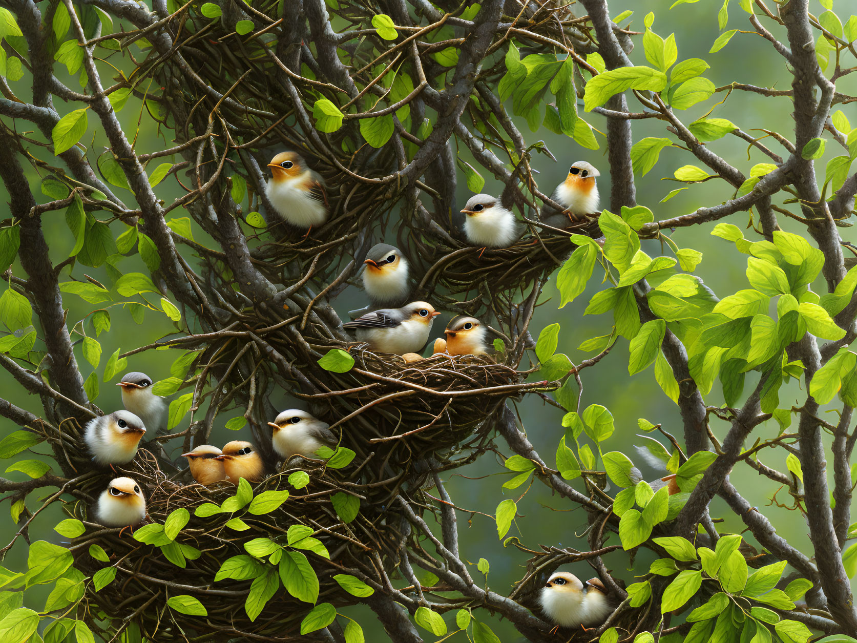 Orange and White Birds Perched in Green Leafed Nests