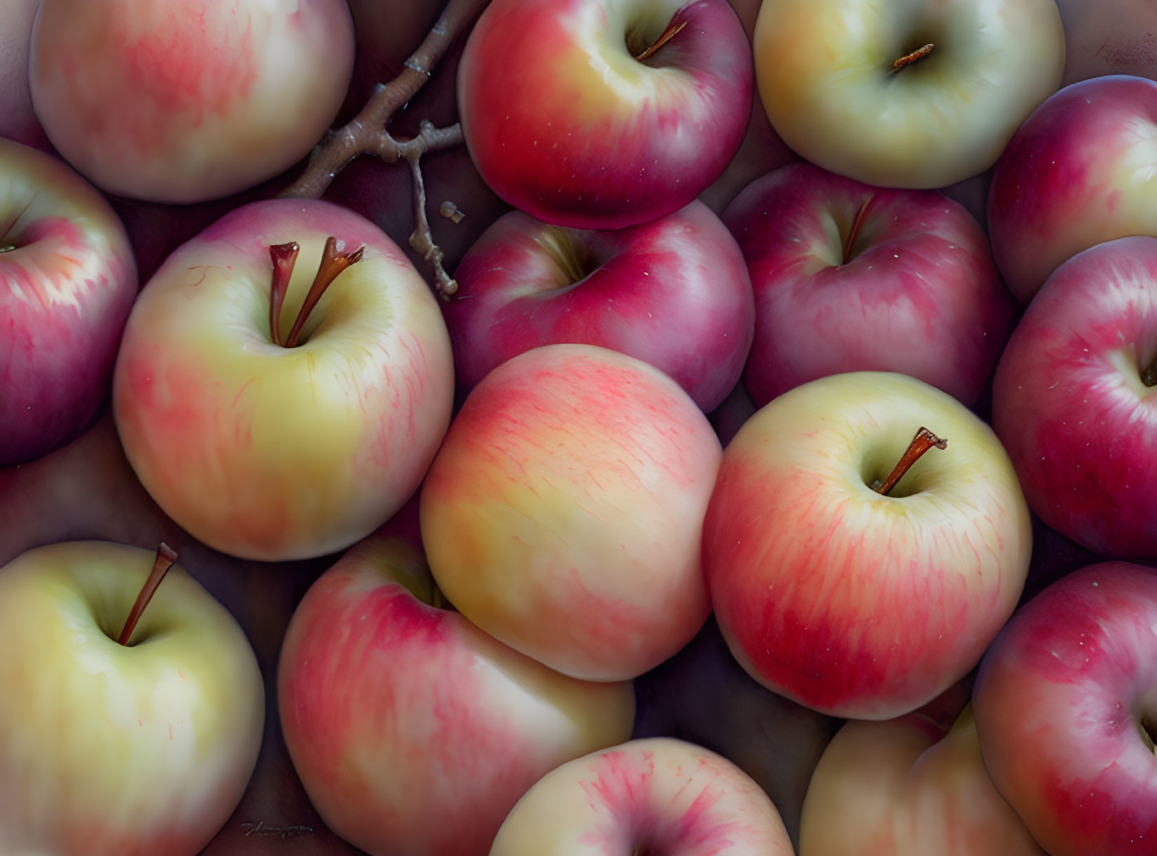 Assorted fresh ripe apples in red, yellow, and green hues