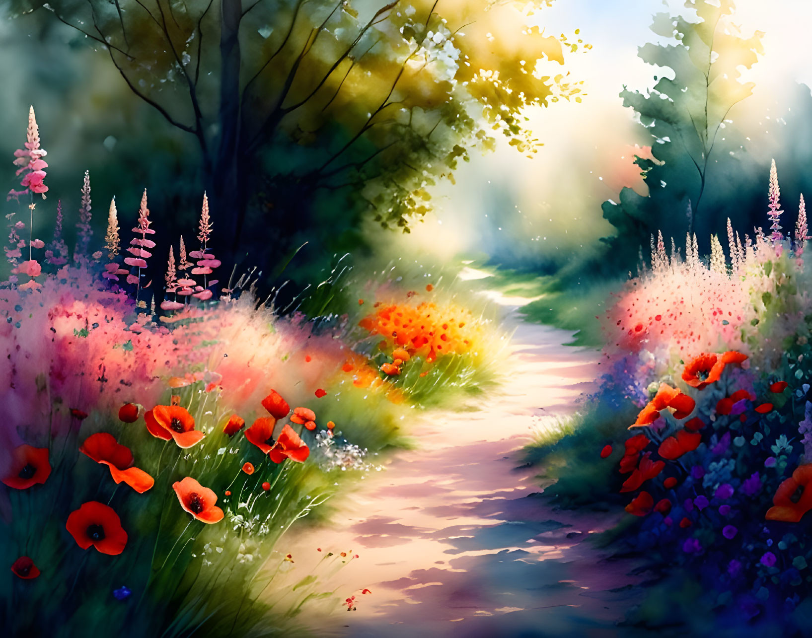 Colorful woodland path with red poppies and purple flowers under sunlight-filtered trees