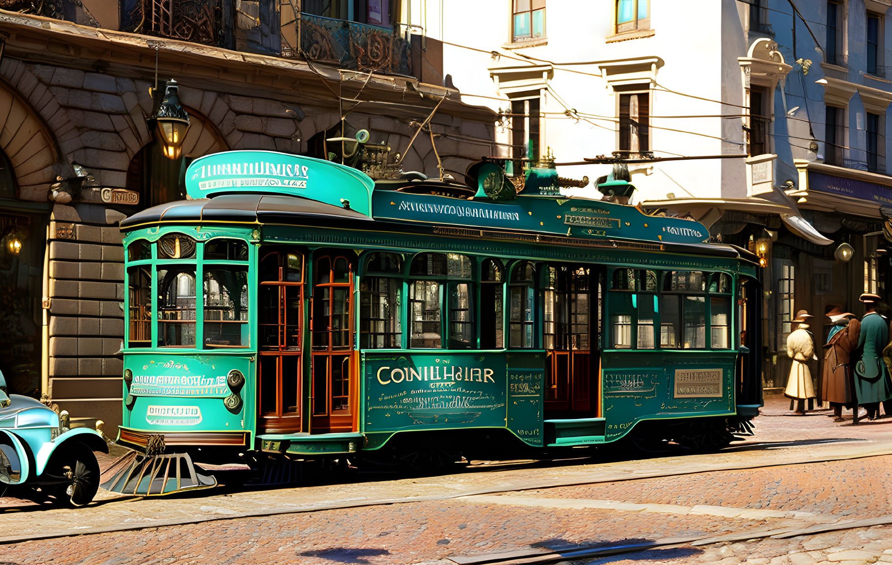 Vintage Green Tram on Cobblestone Street with Classic Buildings