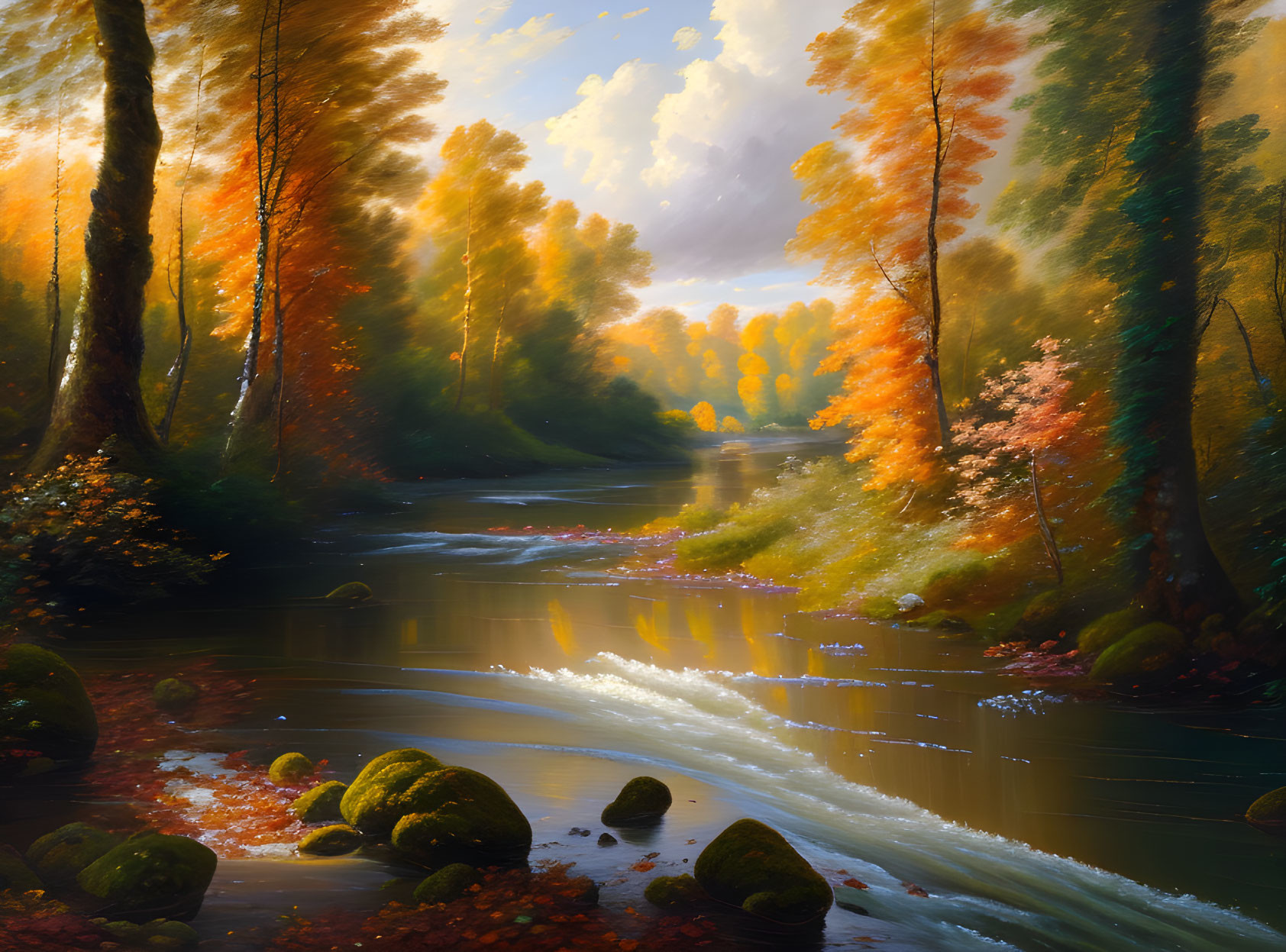 Tranquil Autumn River Landscape with Golden and Orange Trees