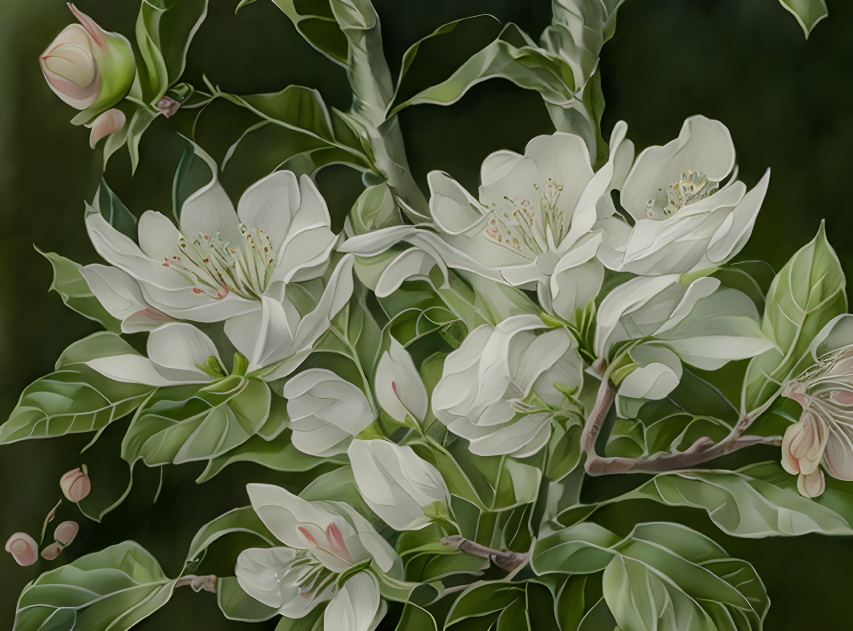 Detailed Illustration of White Blossoms and Green Leaves on Dark Background