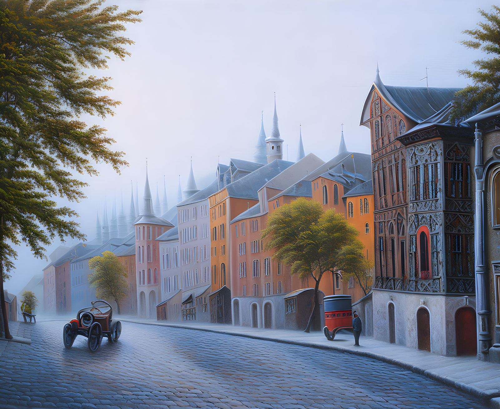 European-style cobblestone street with colorful buildings, vintage car, and tram under misty light