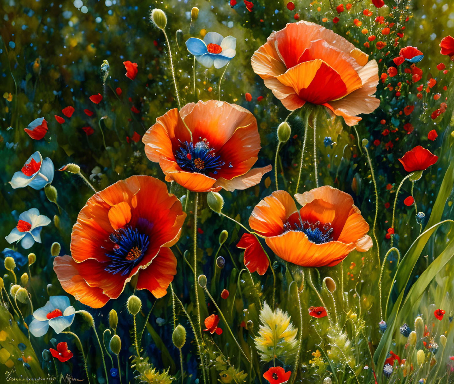 Colorful floral painting with poppies, cornflowers, foliage, and buds on a light bokeh