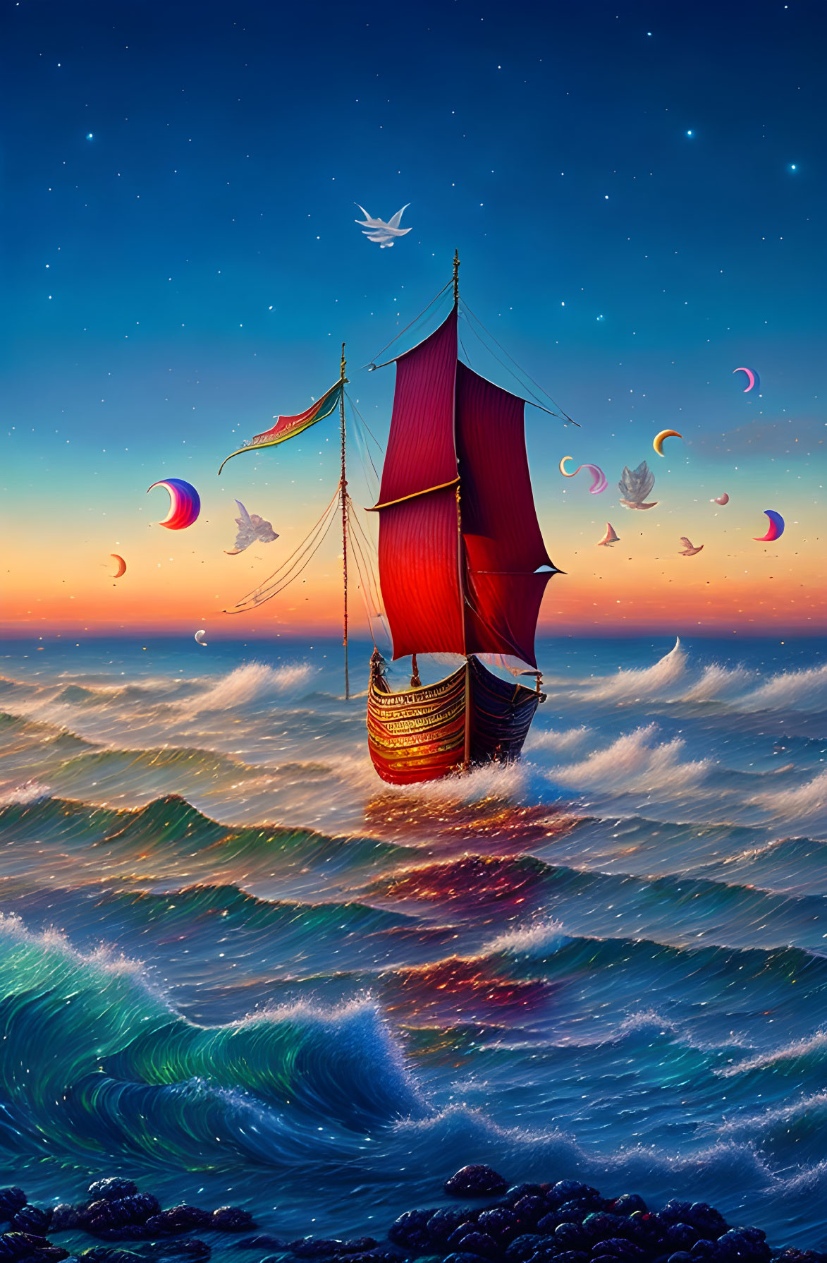 Colorful ship with red sails sailing on waves under starry sky with surreal moons and glowing birds