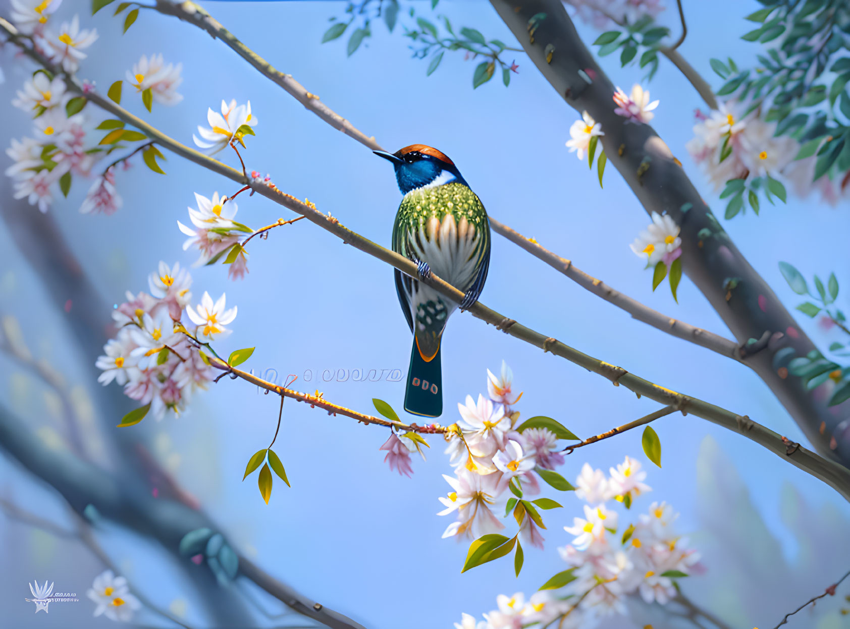 Colorful bird on blooming branch against blue sky