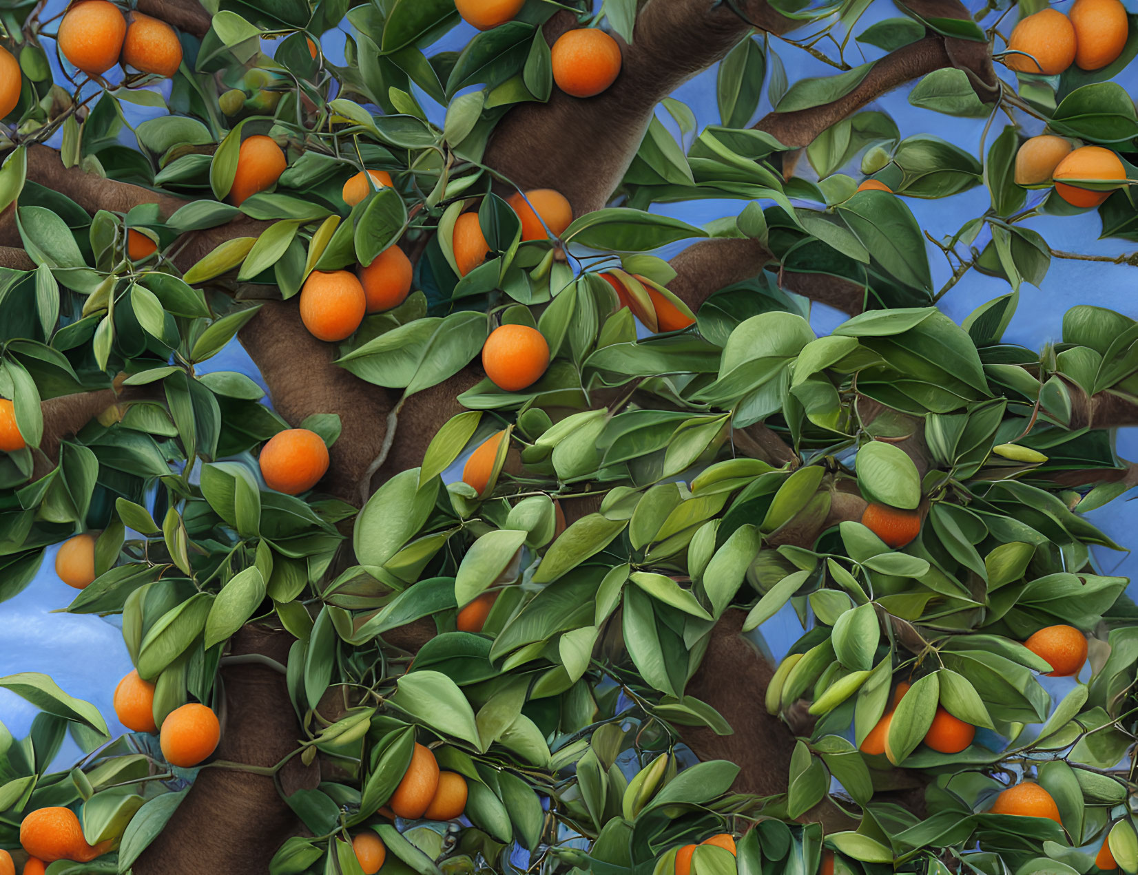 Close-up of ripe oranges on vibrant orange tree with lush green leaves on blue background