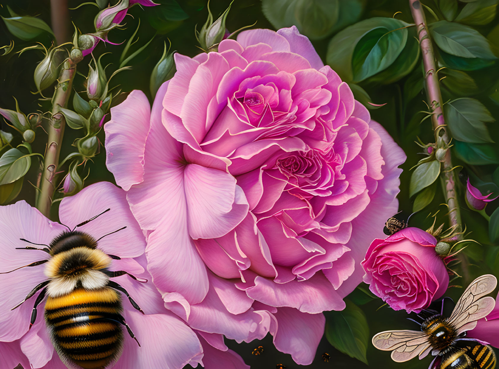 Detailed Pink Rose with Bumblebees in Vibrant Image