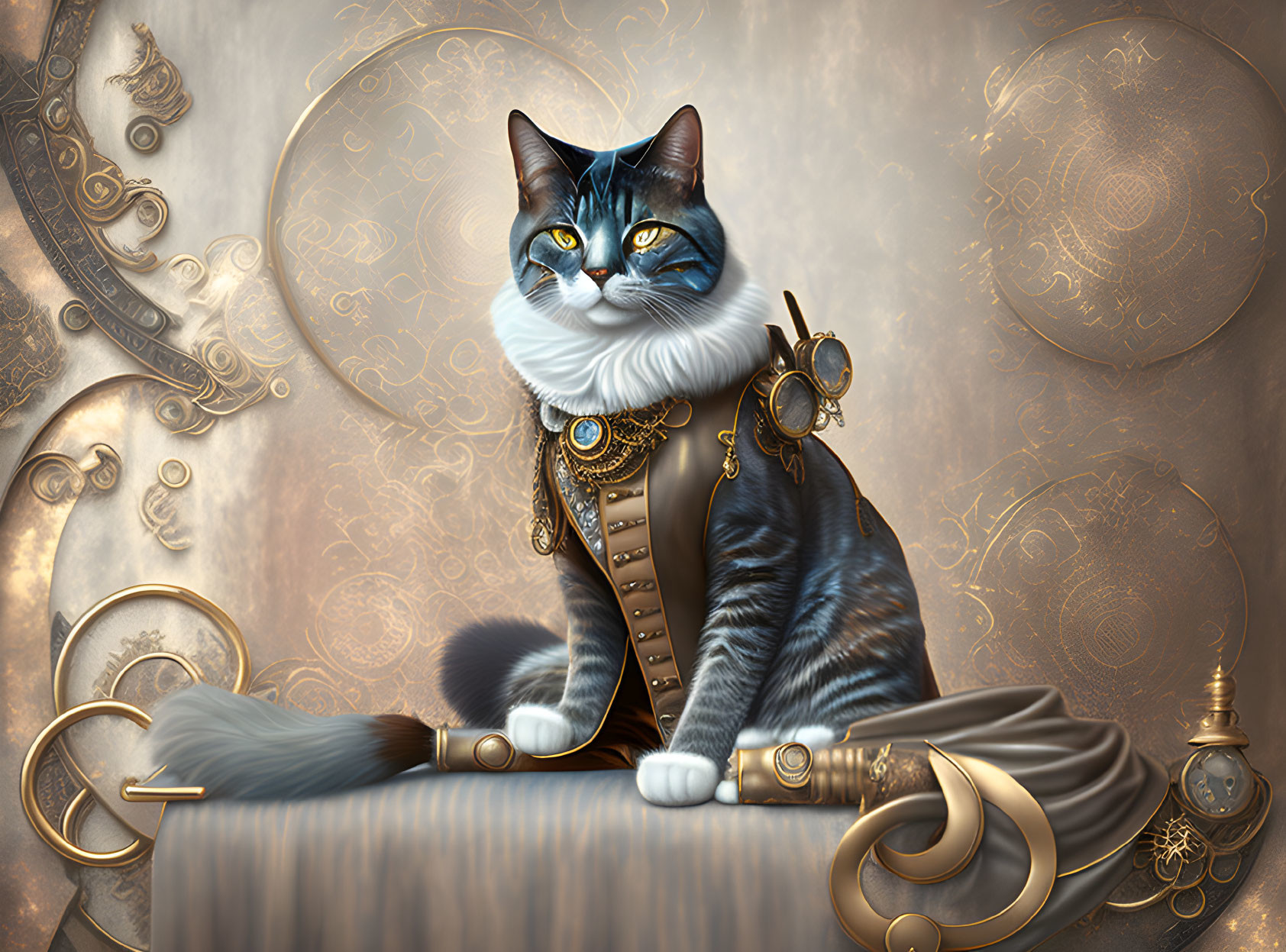 Majestic cat with blue eyes in steampunk collar on ornate backdrop