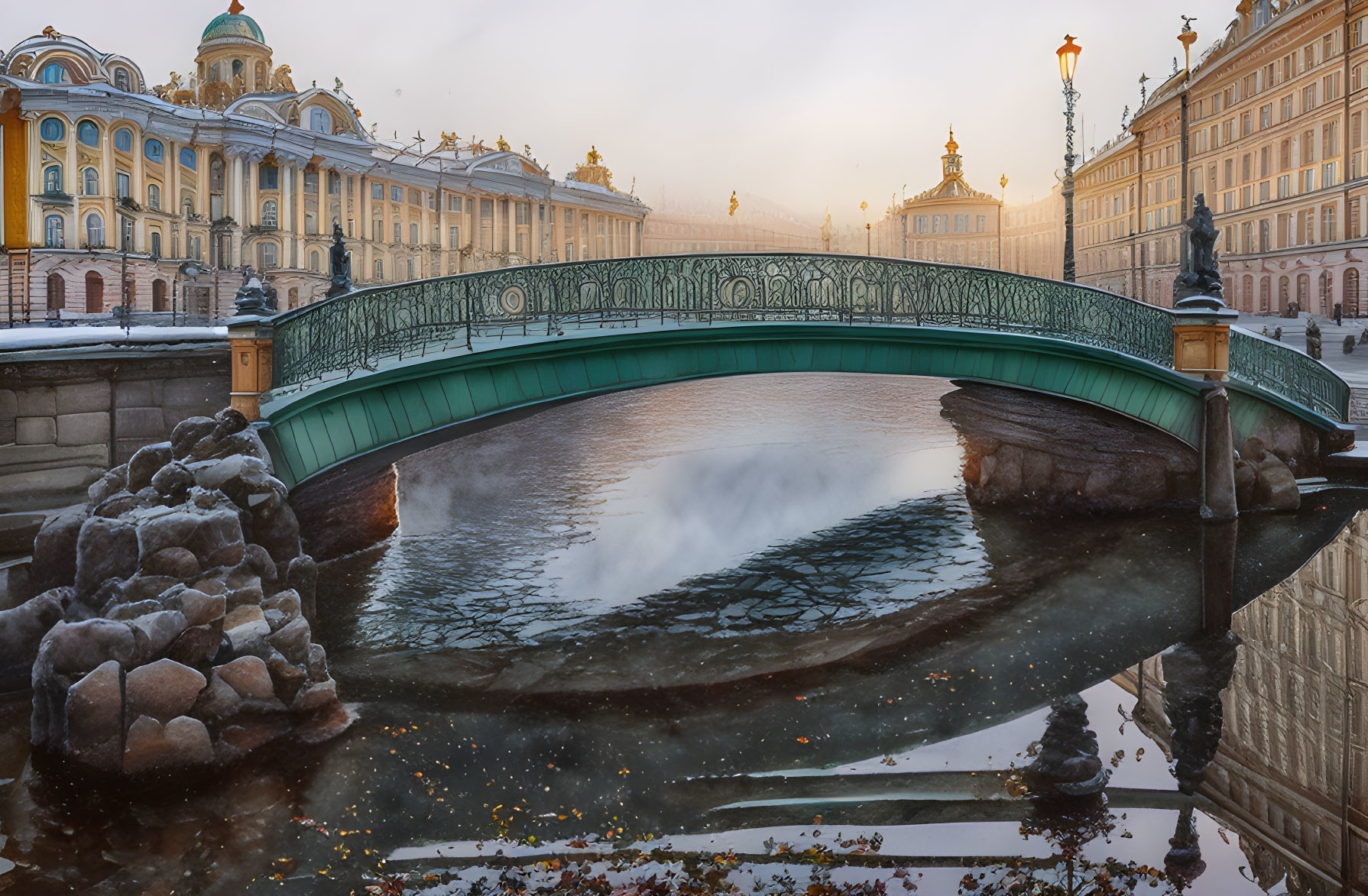 Misty river scene with green arched bridge and classic architecture at sunrise