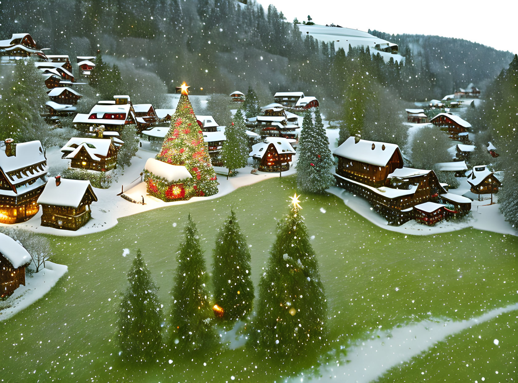 Winter village scene with Christmas tree and decorated houses in snowscape