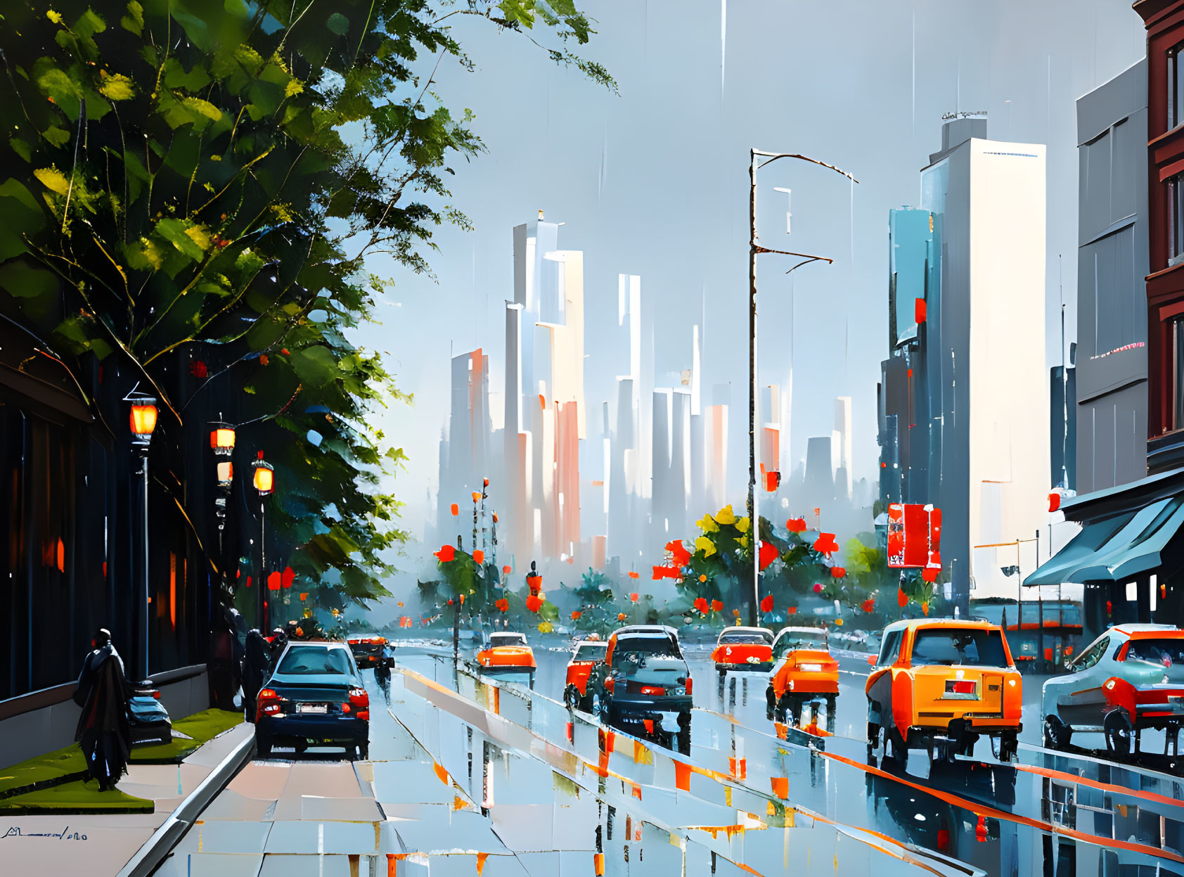 Vibrant rainy cityscape with wet streets and lone figure walking.