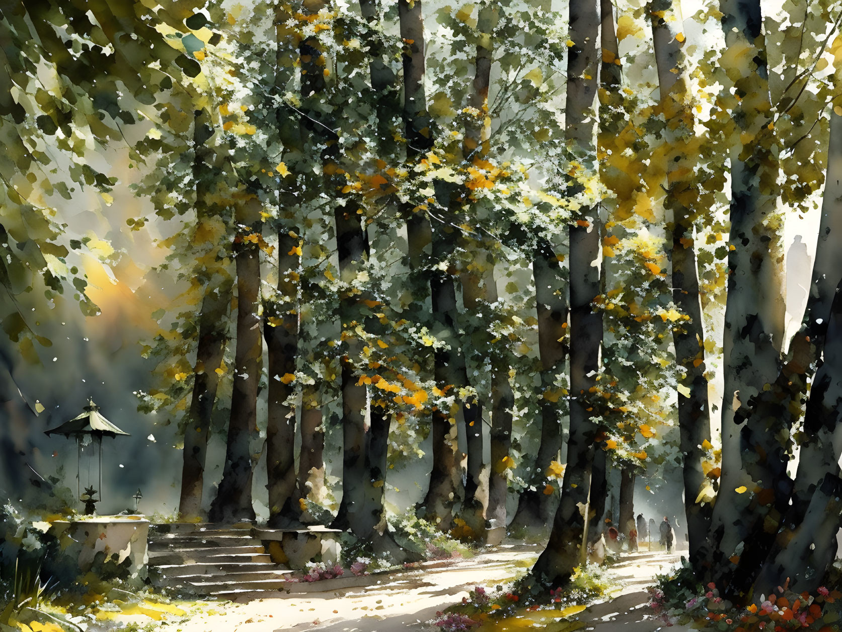 Tranquil forest path watercolor painting with autumn leaves and lamp post