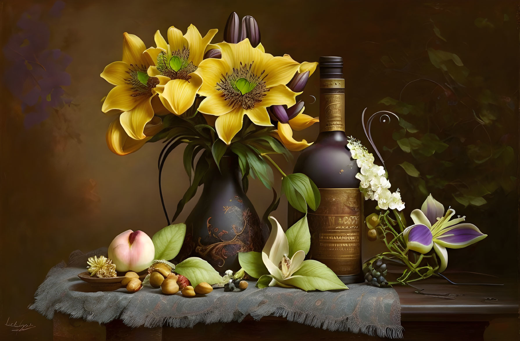 Classic still life painting with yellow flowers, wine bottle, grapes, blooms, and fruit.