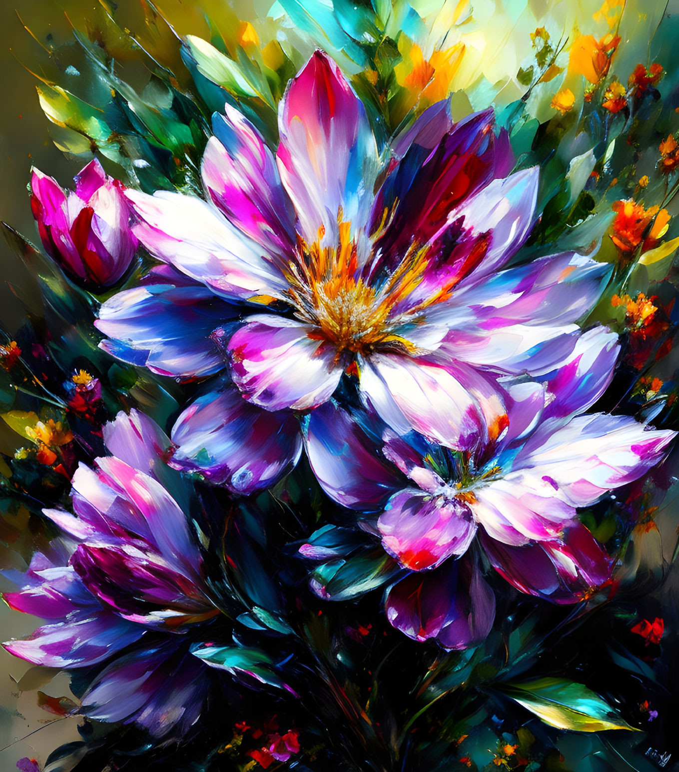 Colorful painting of blooming flowers in purples and whites with dynamic brush strokes