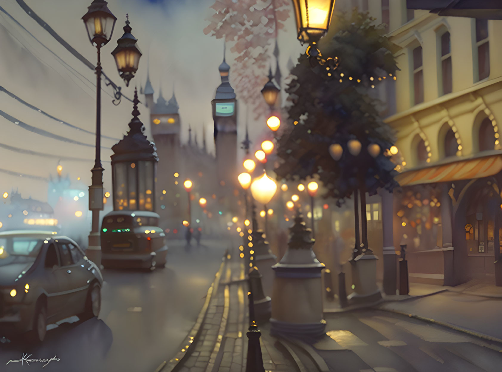 Glowing streetlights, Big Ben in distance, cars, cozy shopfront