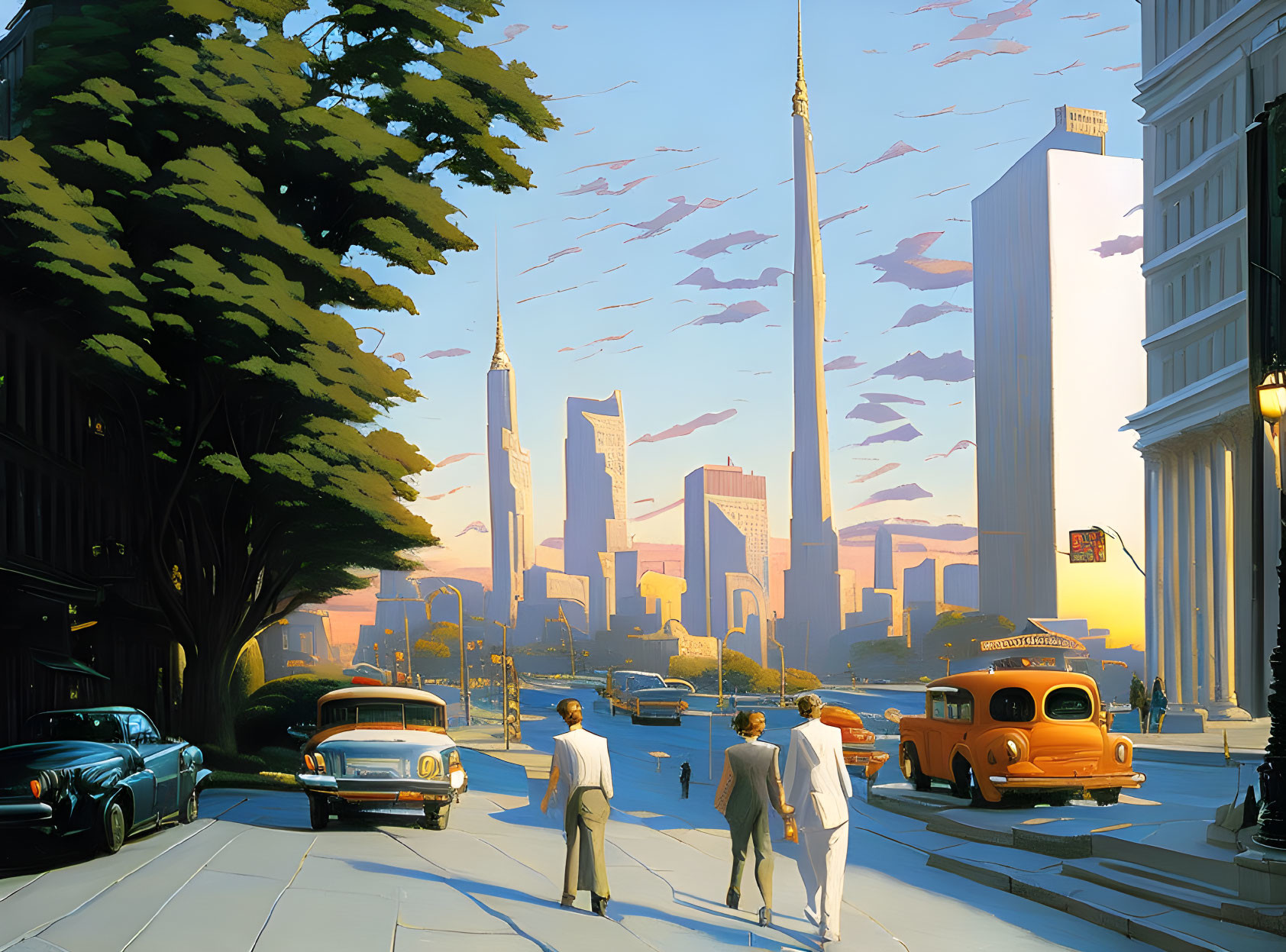 Vintage cars, pedestrians, skyscrapers in a retro-futuristic cityscape