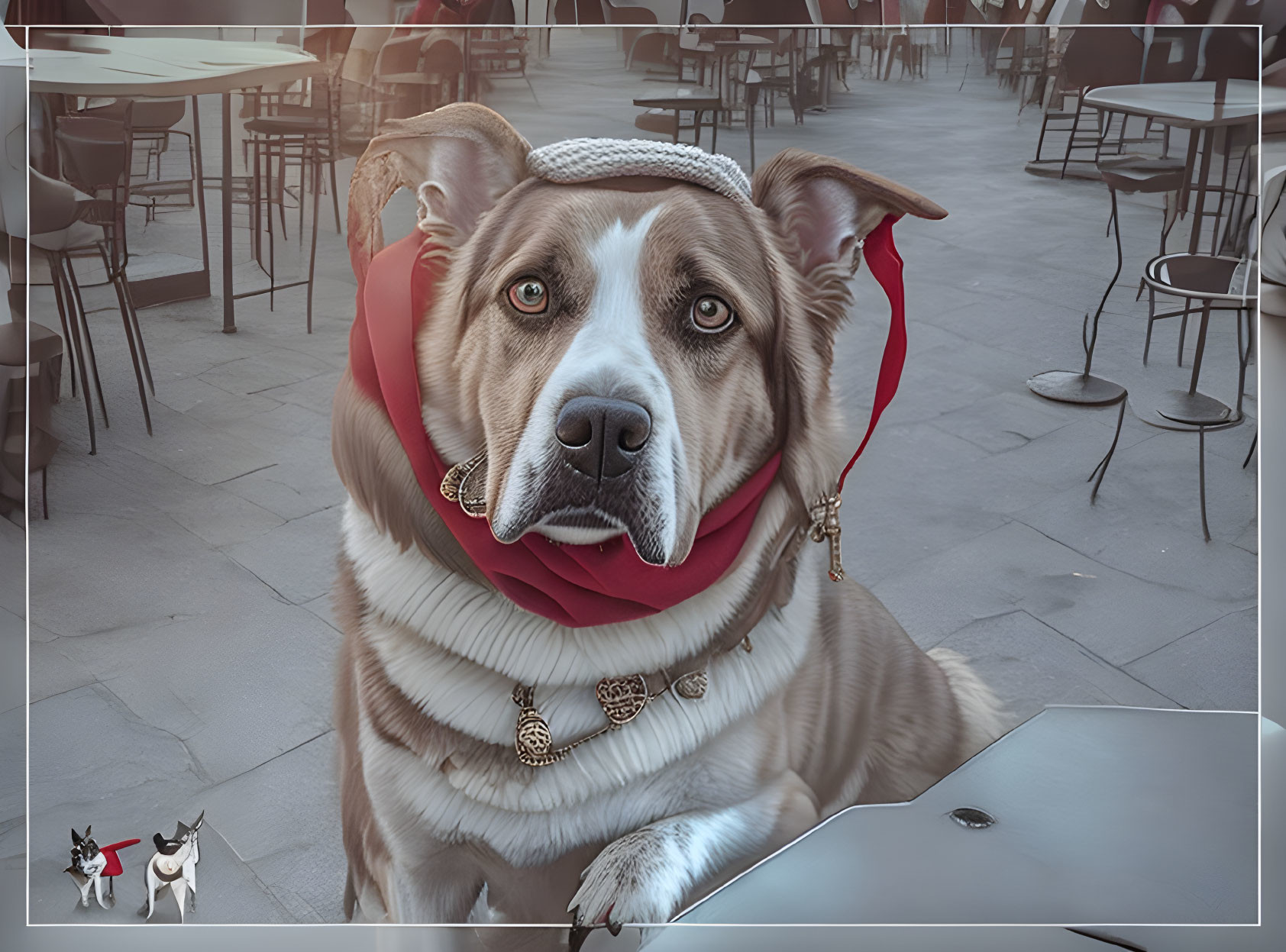 Digital art: Dog's head on human body in winter outfit at cafe.