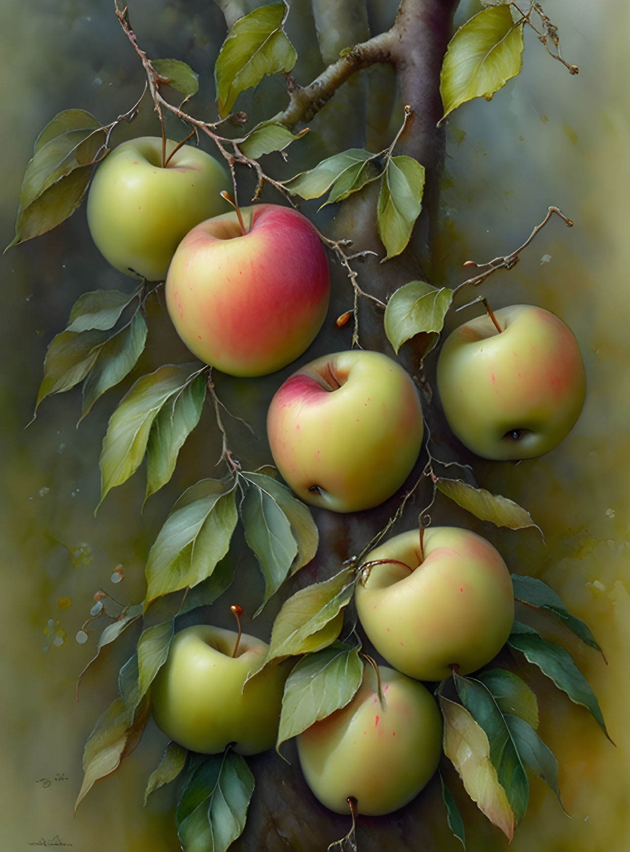 Realistic painting of ripe apples on branch with green leaves