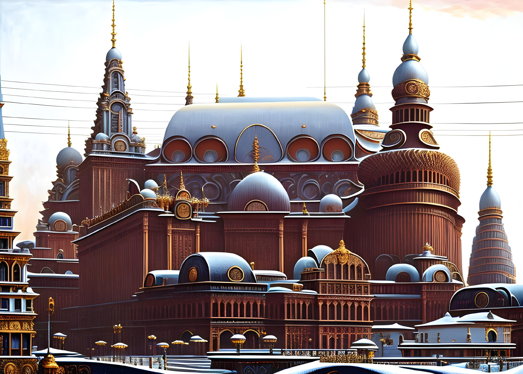 Ornate brown and gold fantasy structure with domes and spires against blue sky