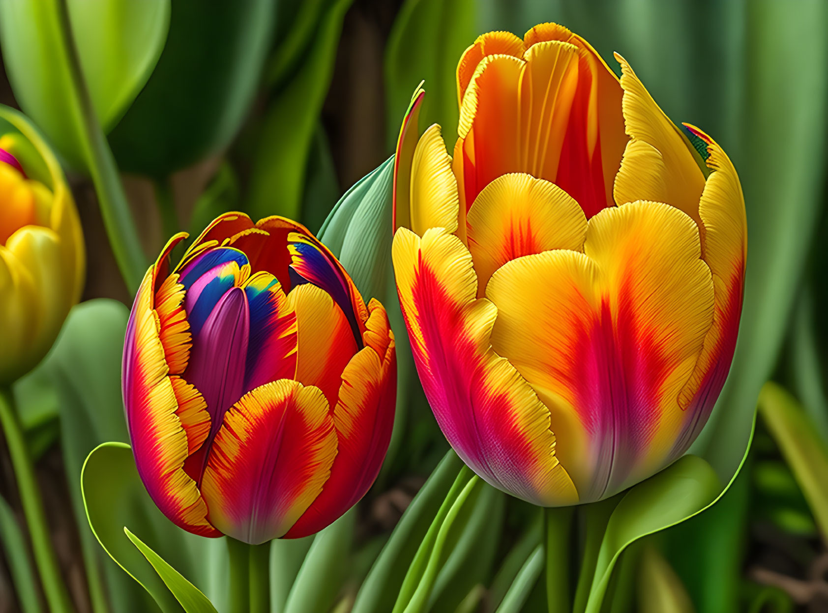 Colorful Tulips with Yellow and Red Flame-like Patterns on Green Background