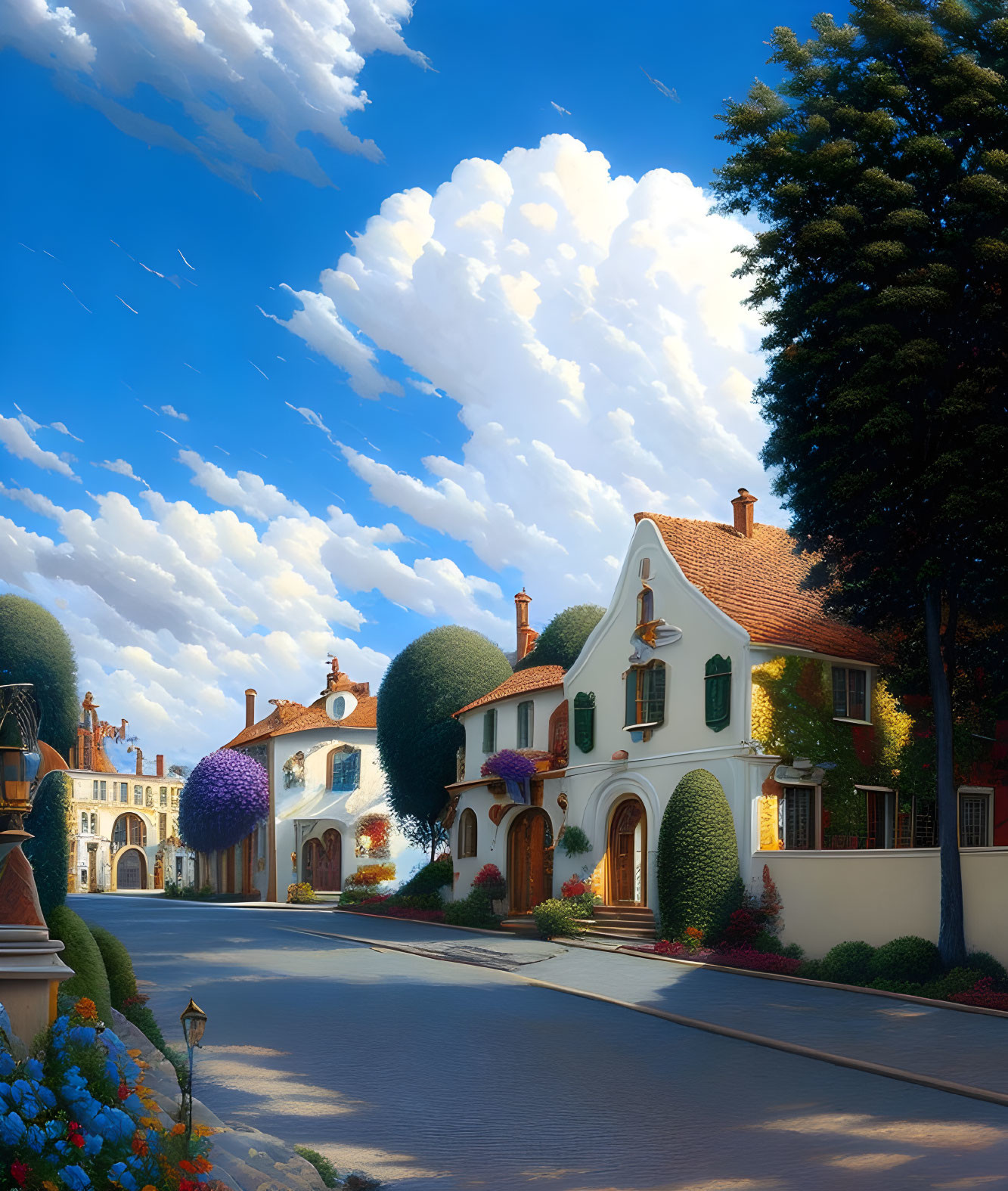 Charming street with picturesque houses and greenery under blue sky