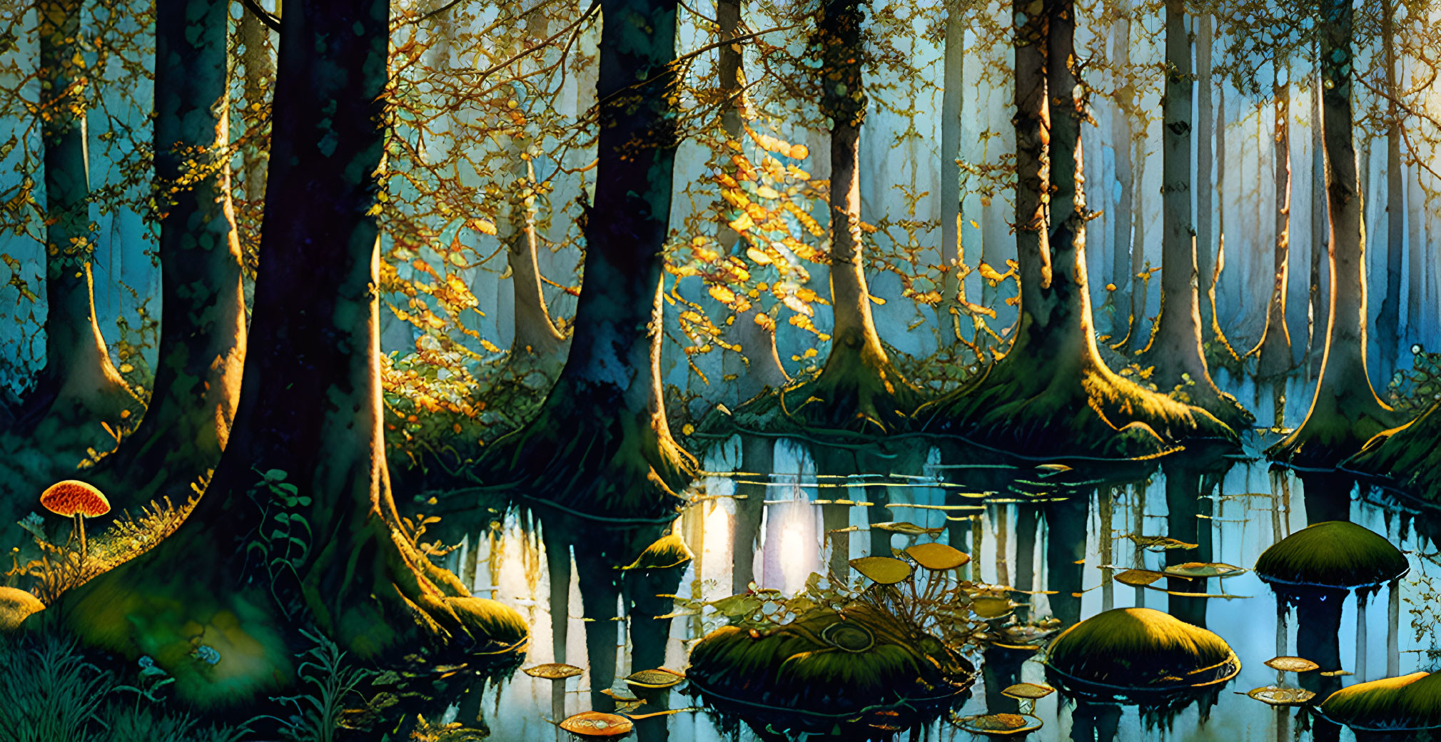 Enchanting forest scene with luminescent mushrooms and moss-covered trees