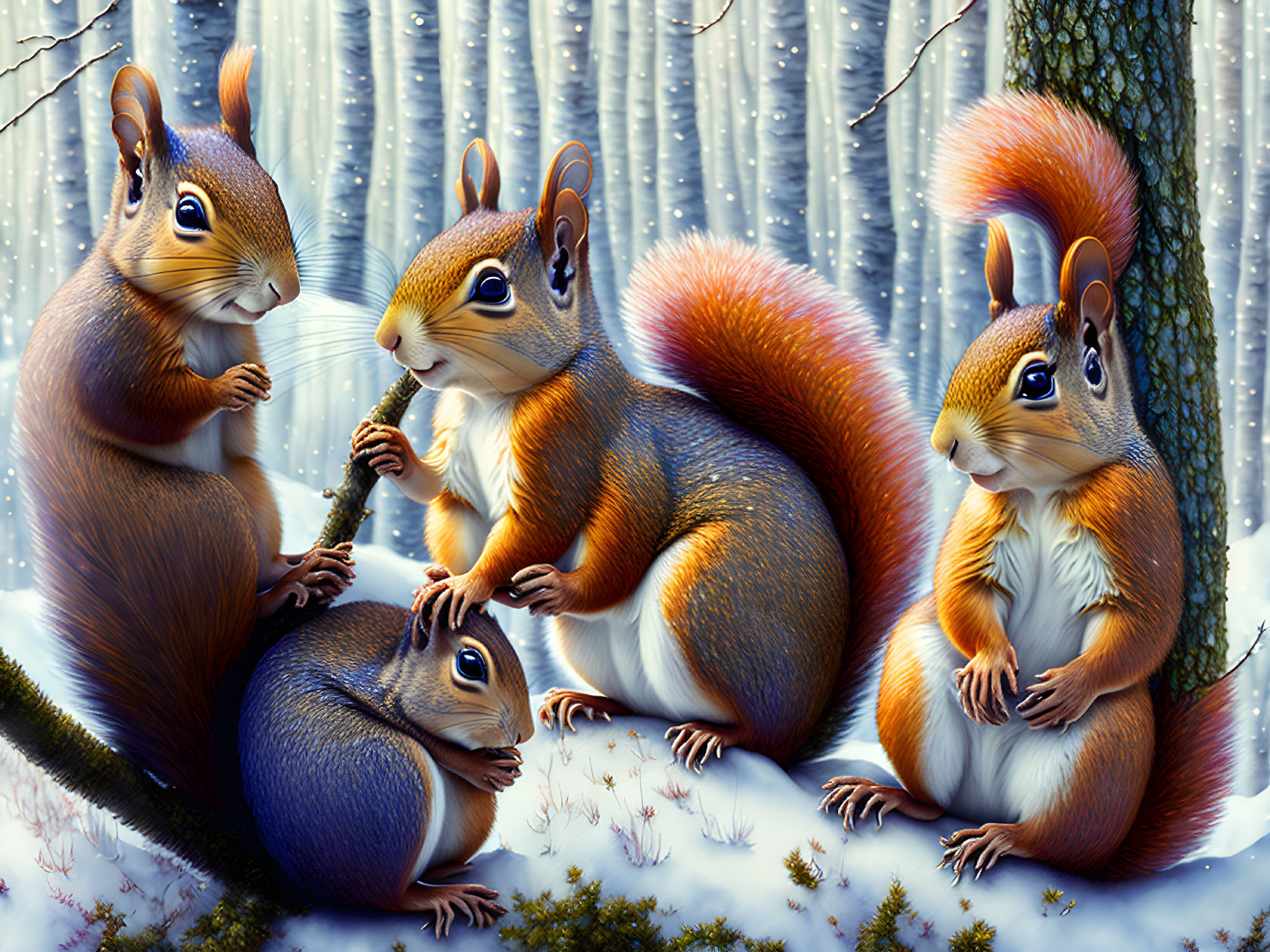 Four squirrels in snowy forest scene with one nibbling on branch