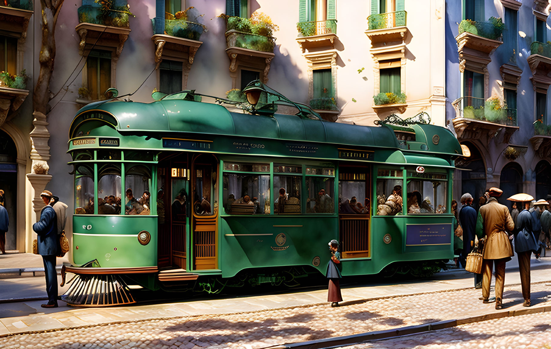 Vintage Green Tram with Passengers on City Street Amid Elegant Buildings