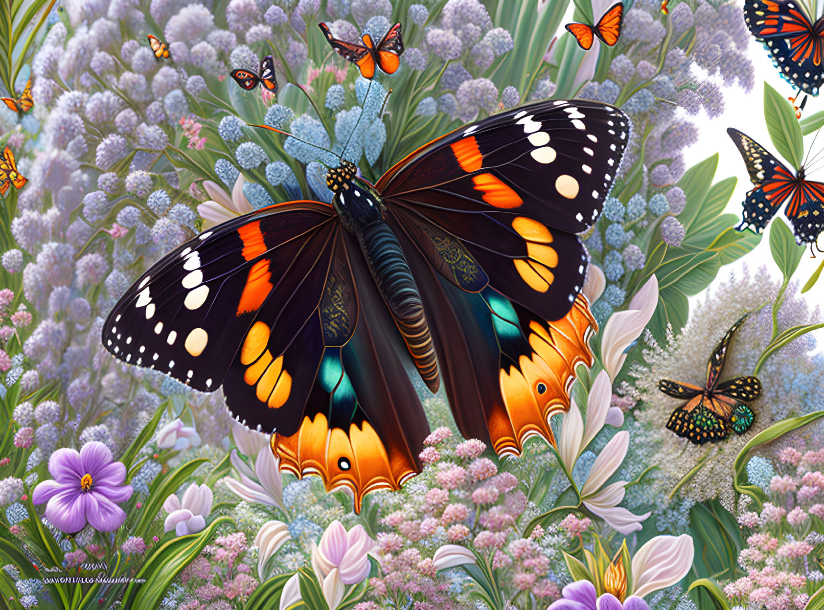 Detailed illustration of vibrant butterflies and flowers in a garden