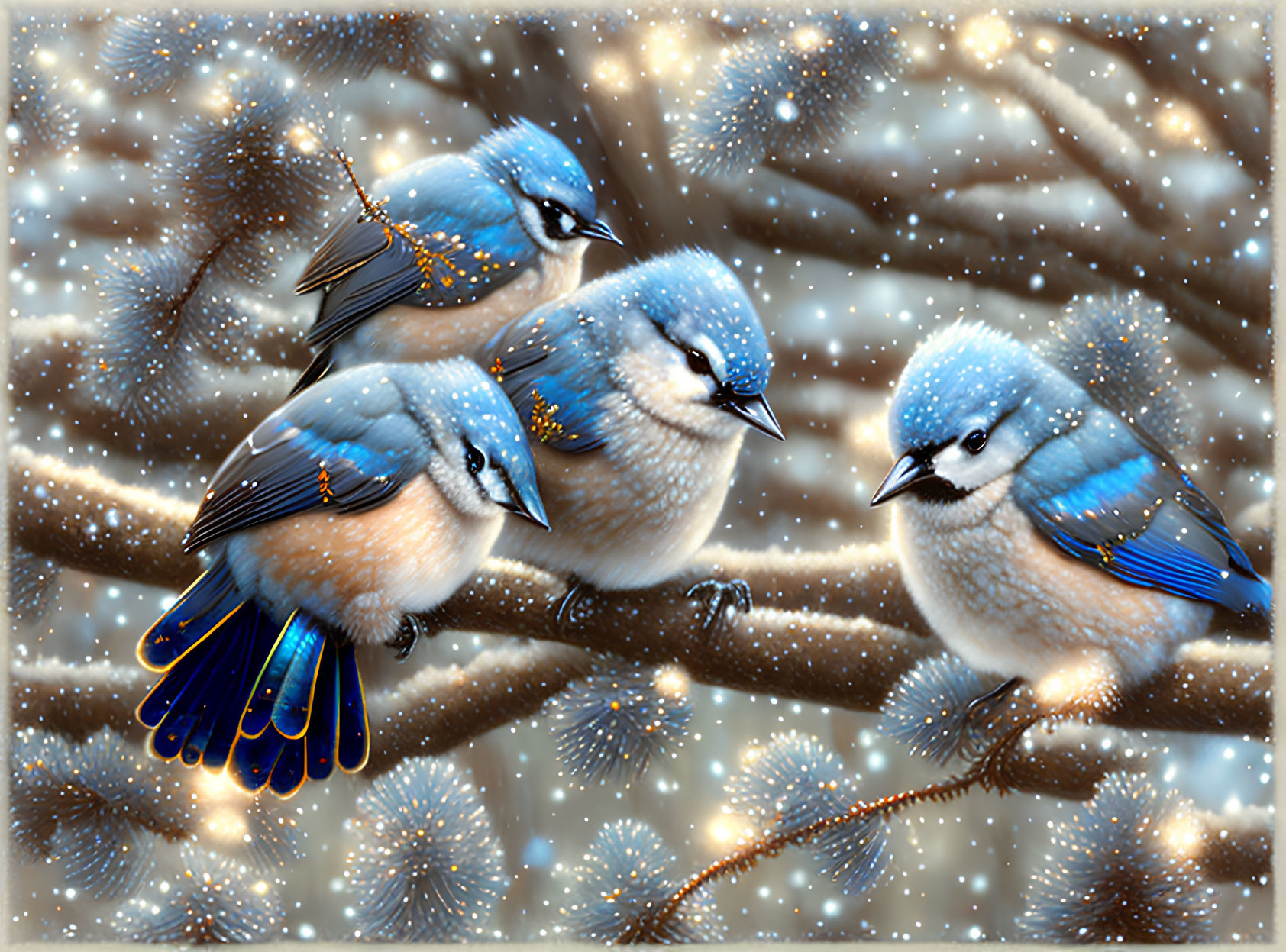 Four bluebirds on branch in falling snowflakes, detailed plumage and wintry background.