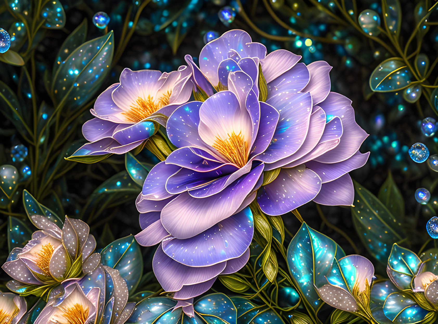 Luminous blue-violet flowers with golden centers on dark background