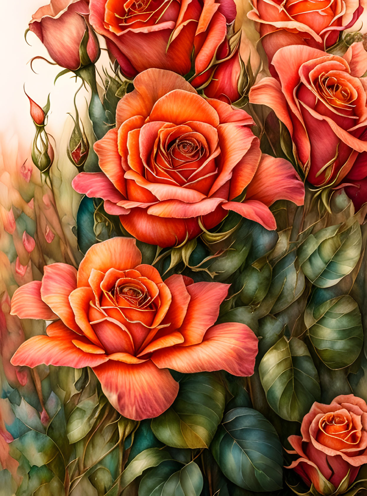 Cluster of lush orange-red roses with green leaves in dreamlike background