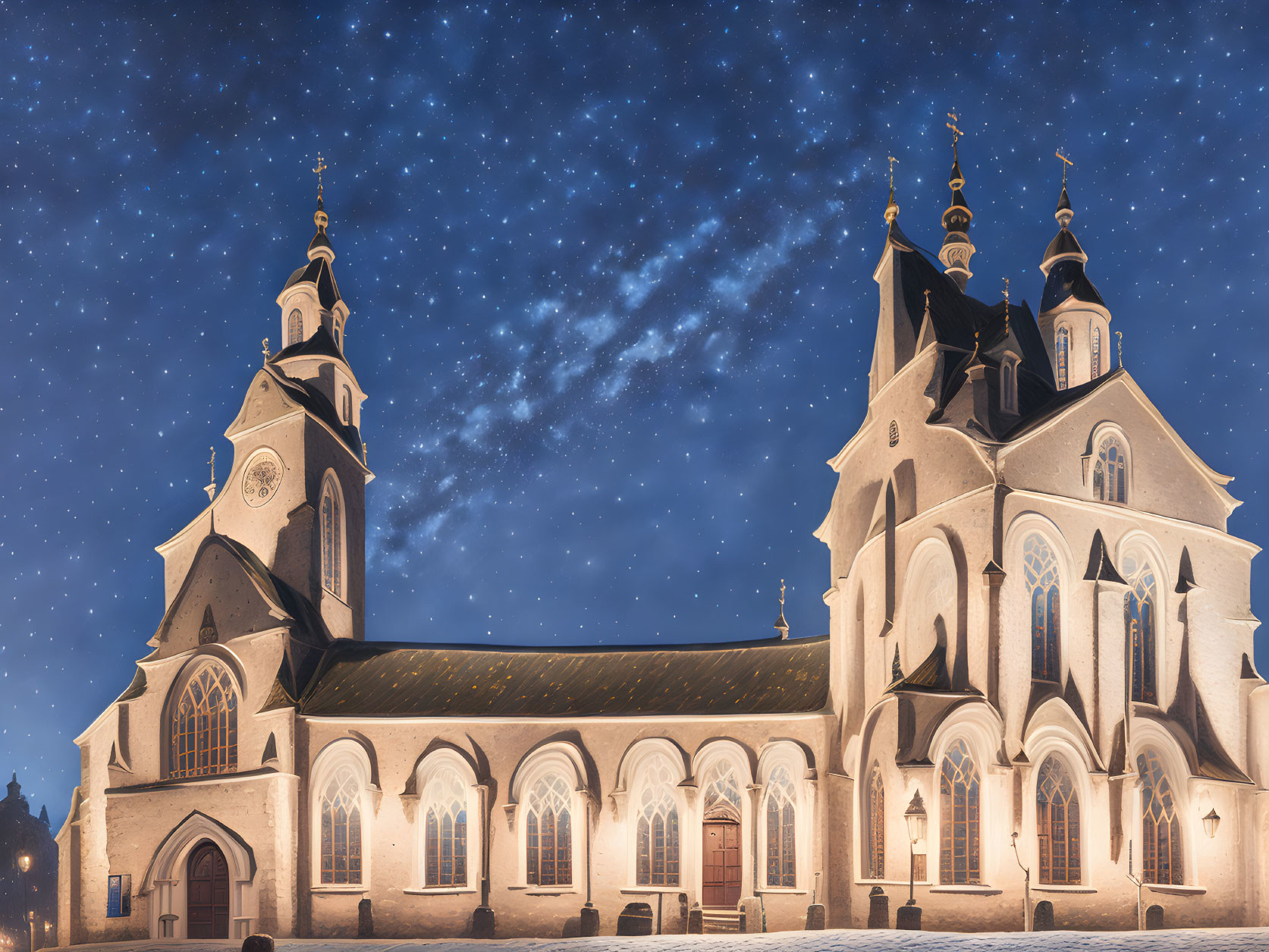 Majestic church with illuminated windows under starry night sky