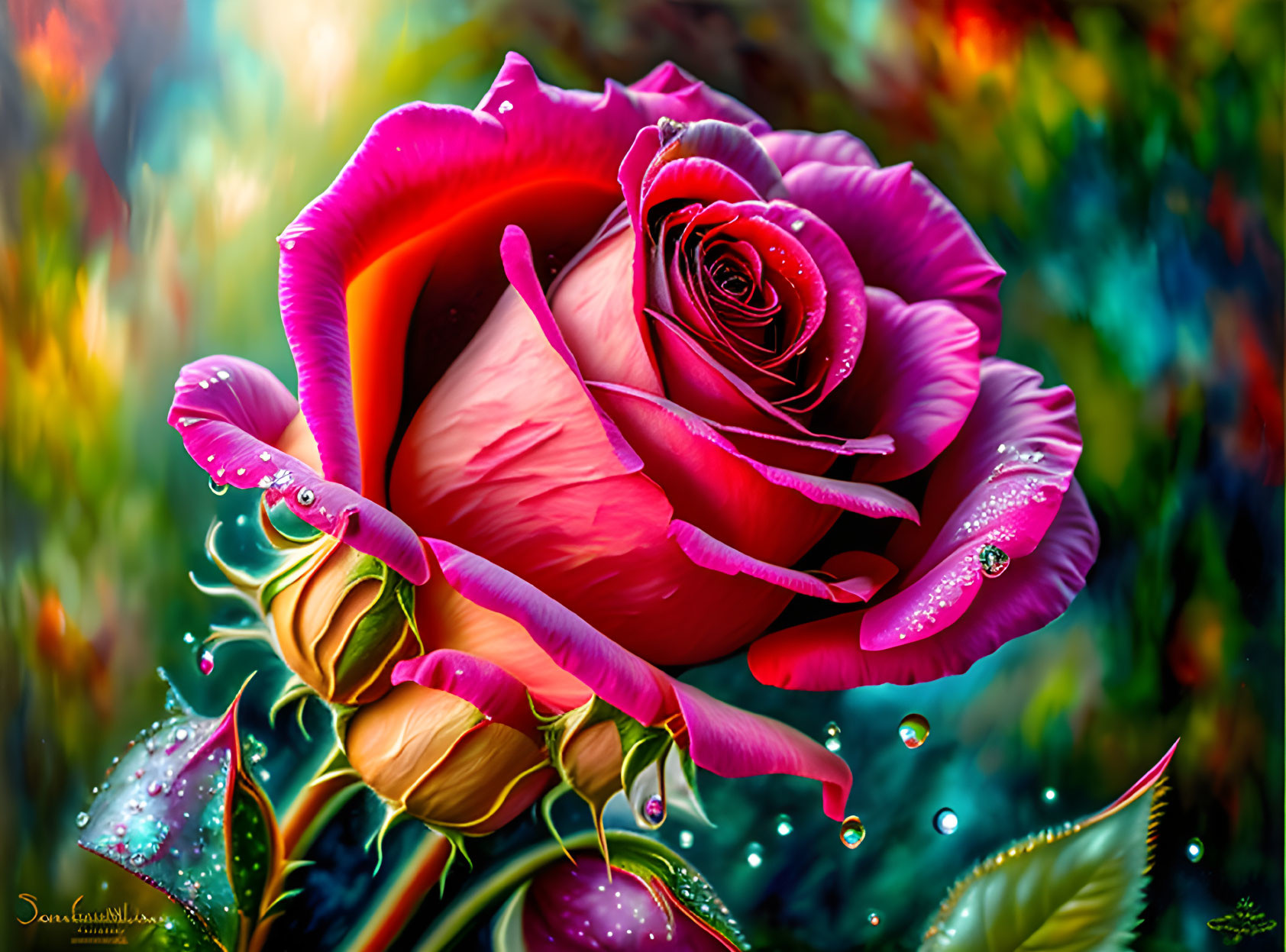 Vibrant digitally-enhanced rose with pink to red gradation and dew drops on colorful bokeh