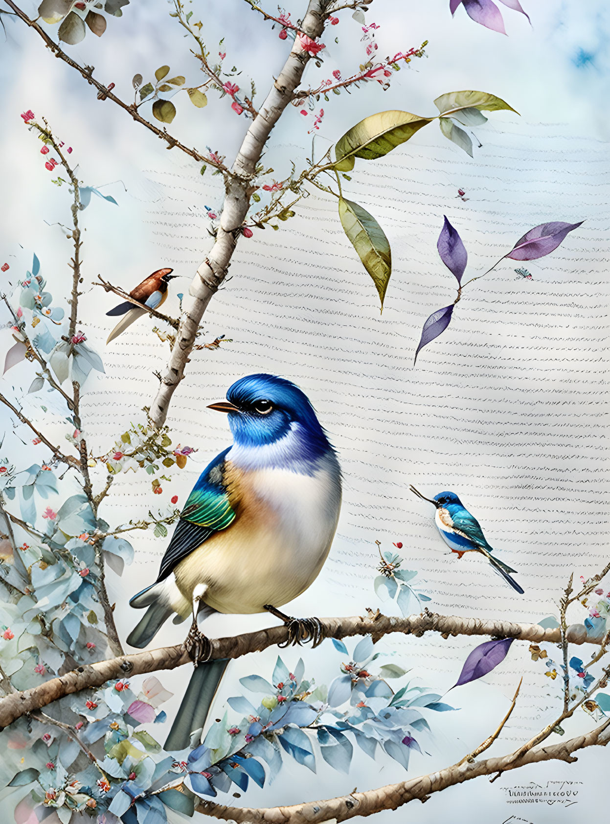 Colorful birds and flowers illustration with text overlay