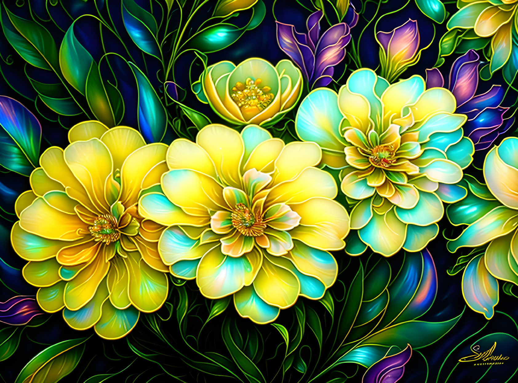 Luminous yellow flowers with blue and green leaves on dark backdrop