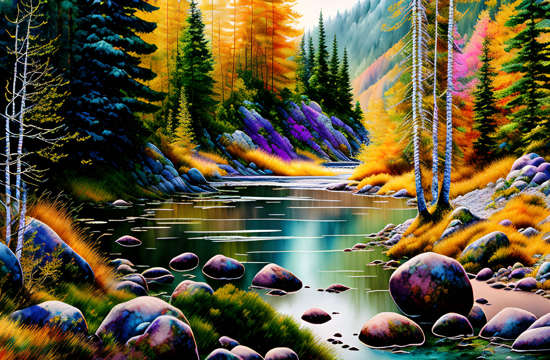 Colorful autumn forest by calm river & speckled rocks under serene sky