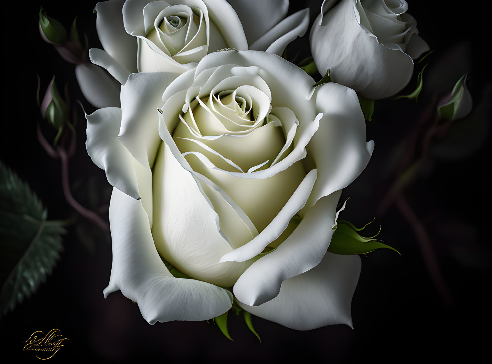 White roses with delicate petals on dark background - intricate details and soft texture.