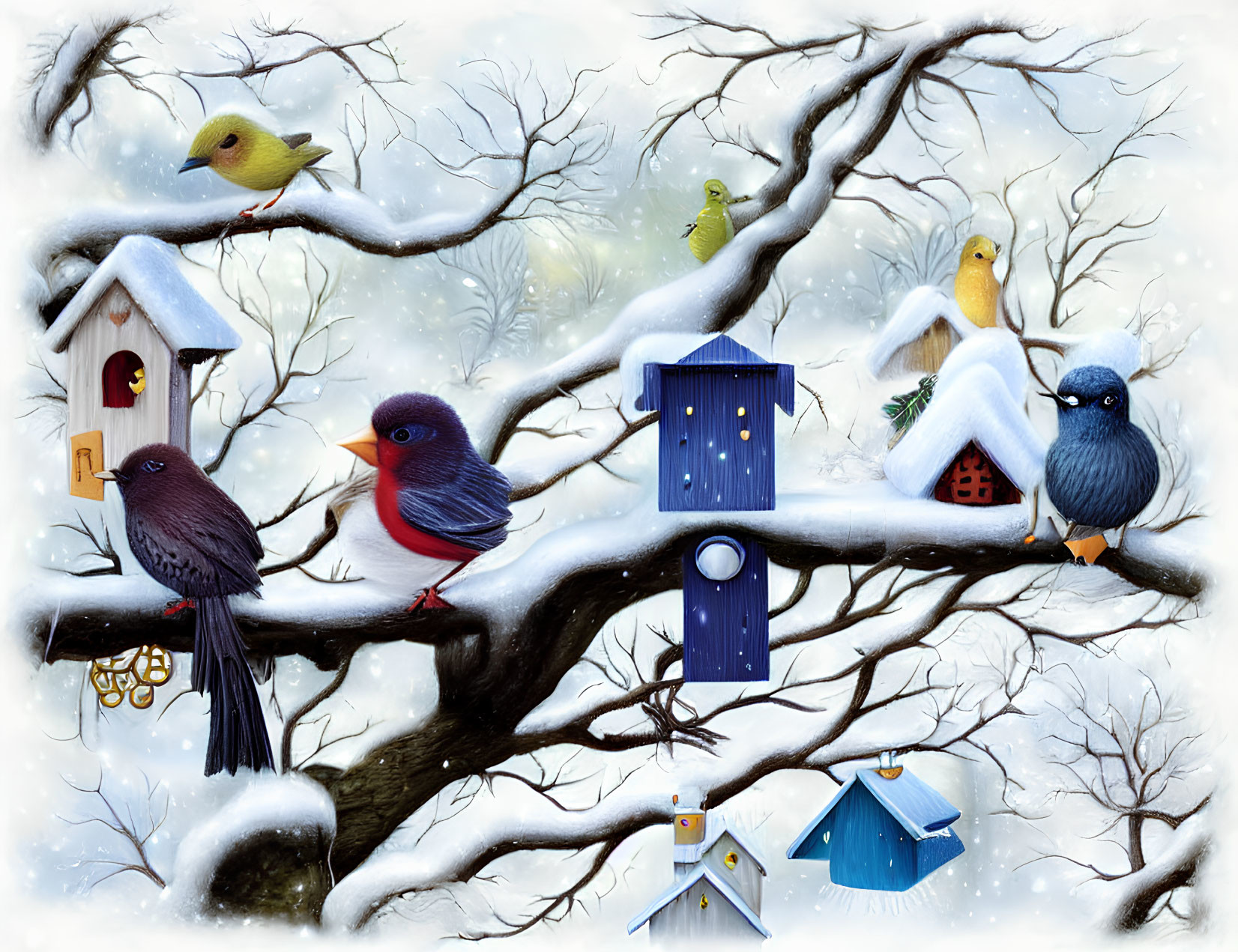 Colorful Birds on Snowy Branches with Birdhouses in Wintry Landscape