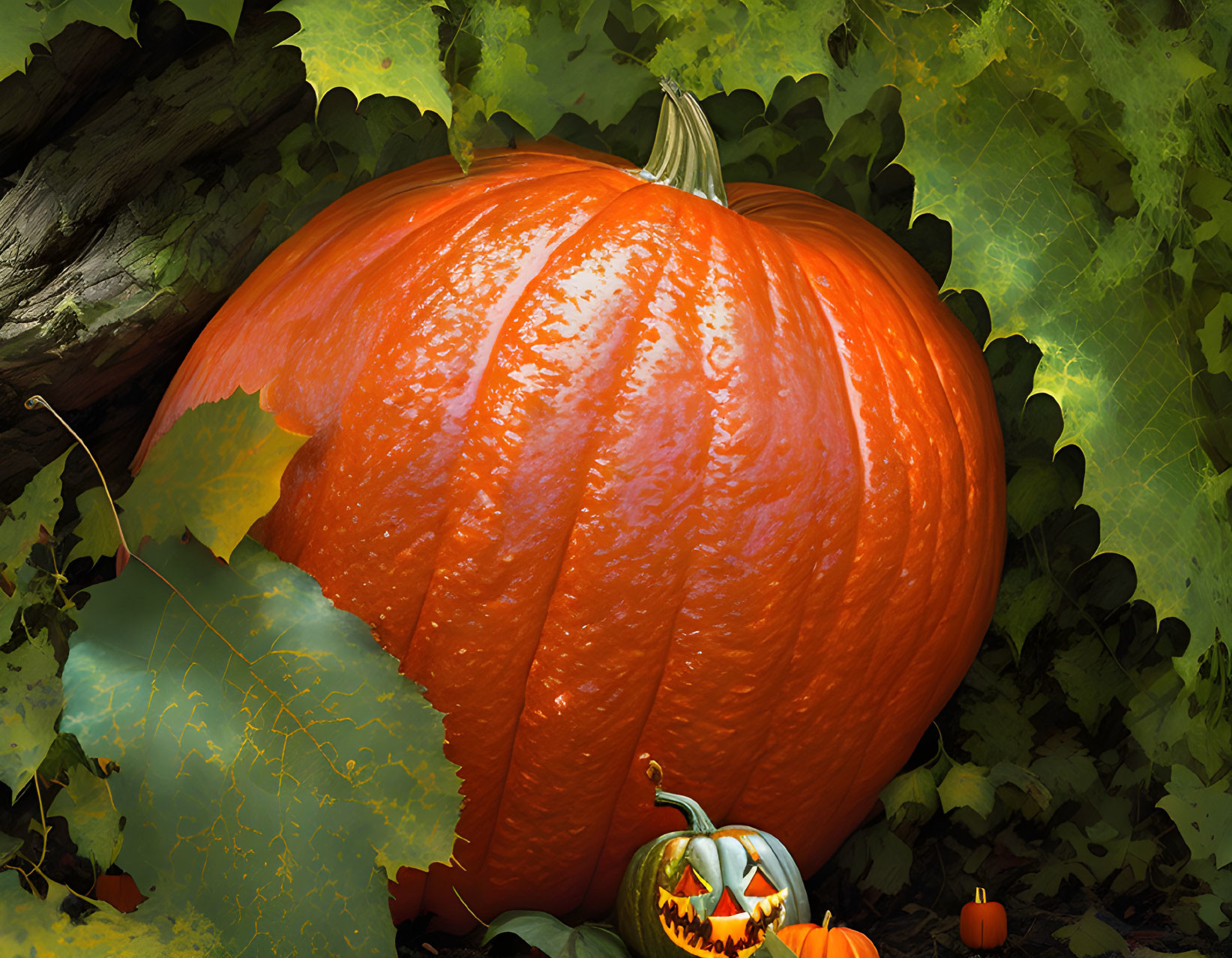 Vibrant orange pumpkin with jack-o'-lantern and mini pumpkins in green leaf setting