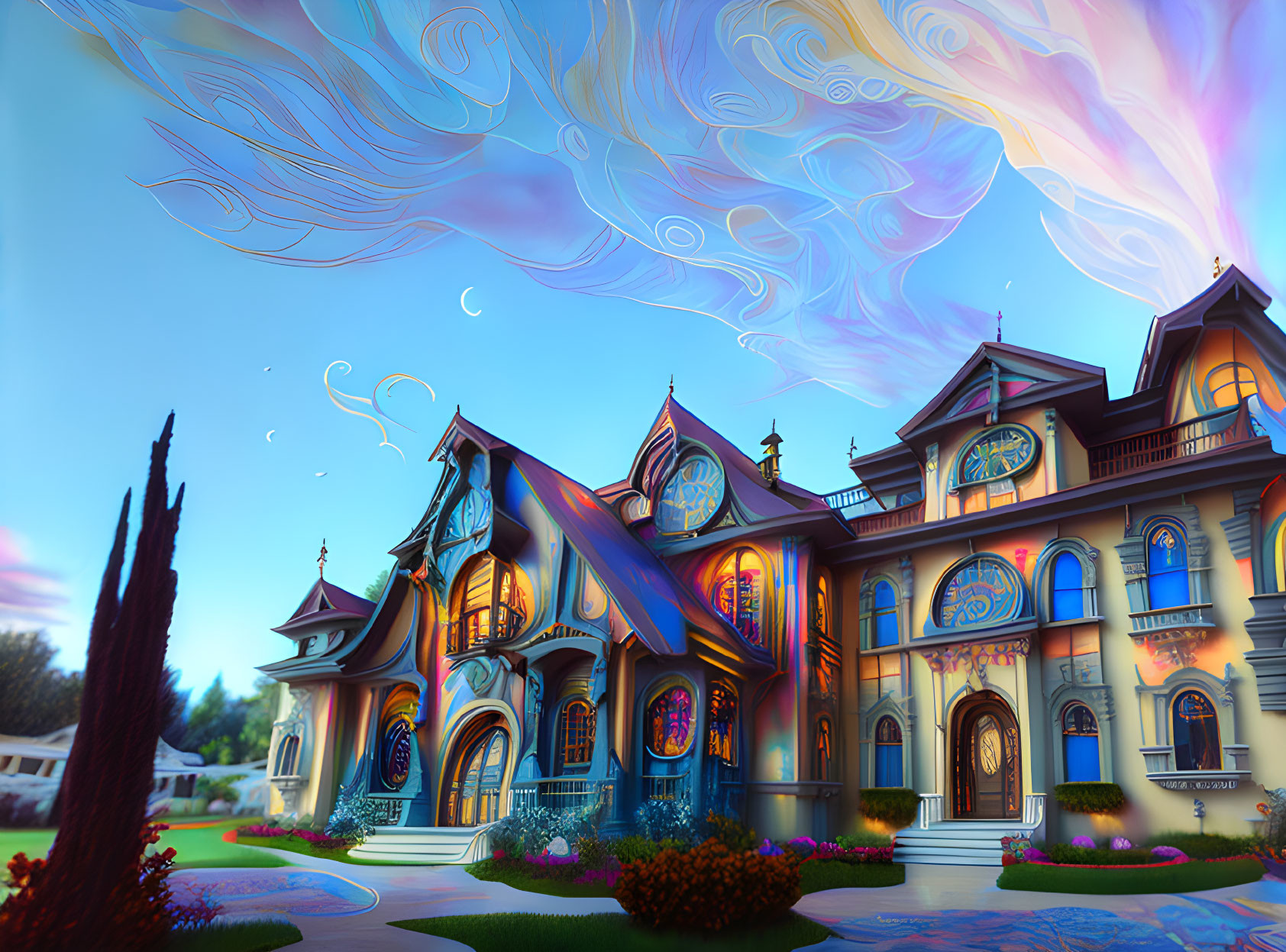 Victorian-style mansion under vibrant swirling sky with whimsical clouds.