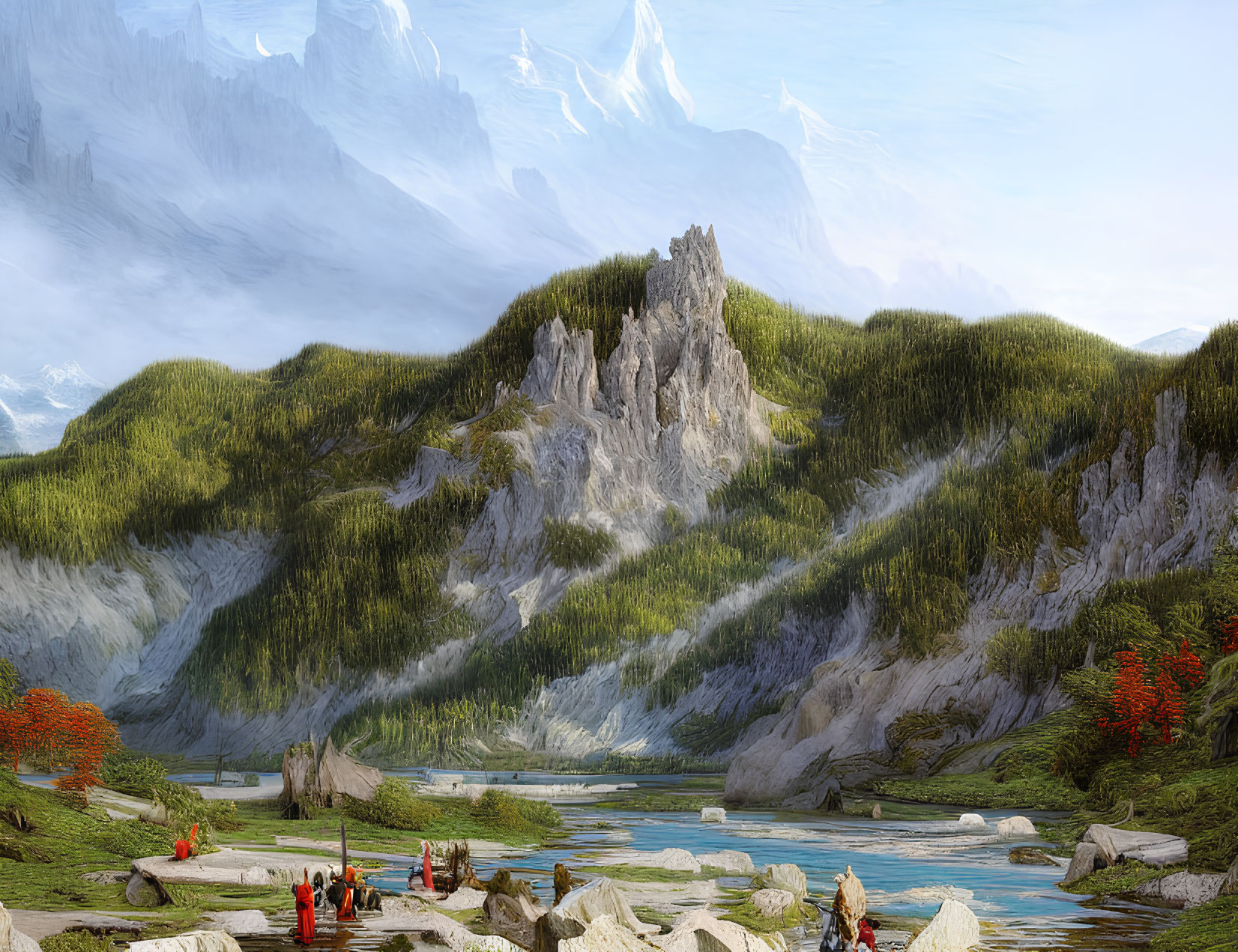 Scenic mountain landscape with greenery, river, and people in colorful attire