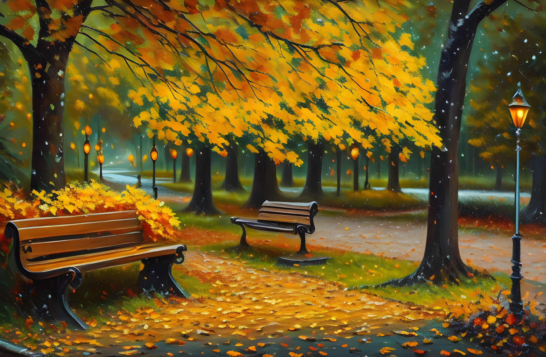 Tranquil autumn park with benches, lamp post, vibrant trees