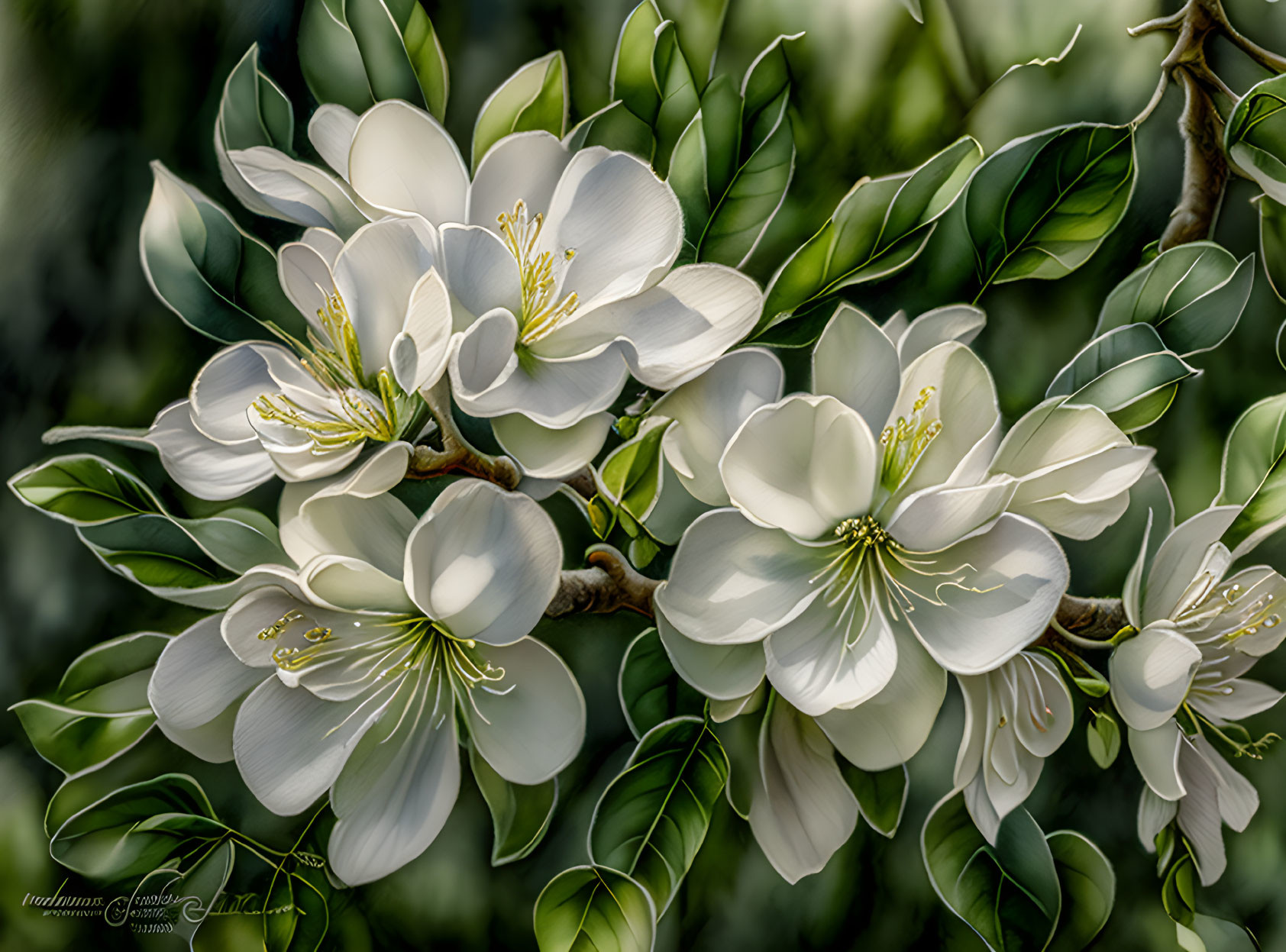 Close-up of delicate white flowers with yellow stamens and green leaves on blurred background