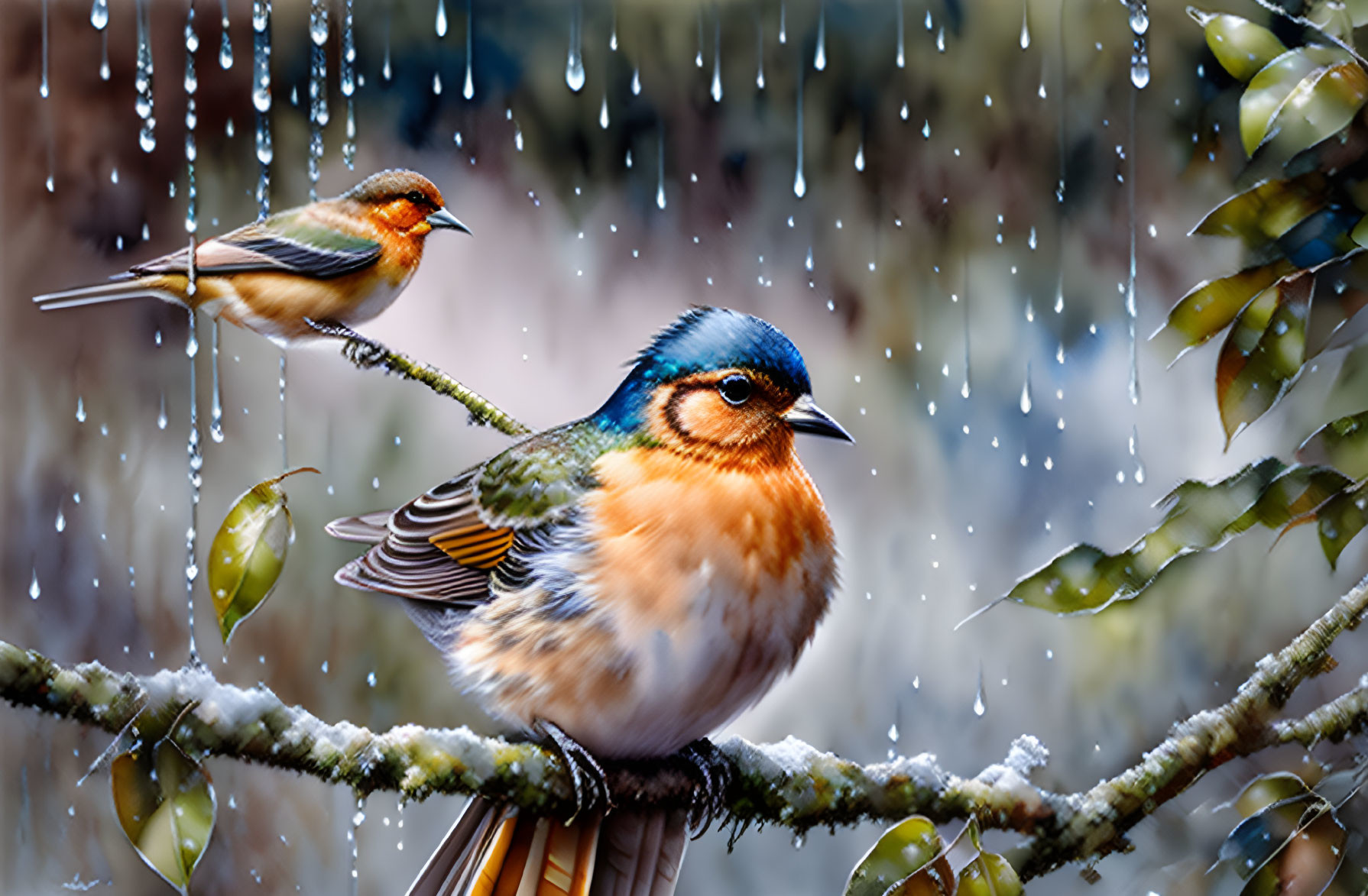 Colorful birds on snowy branch with raindrops and green leaves