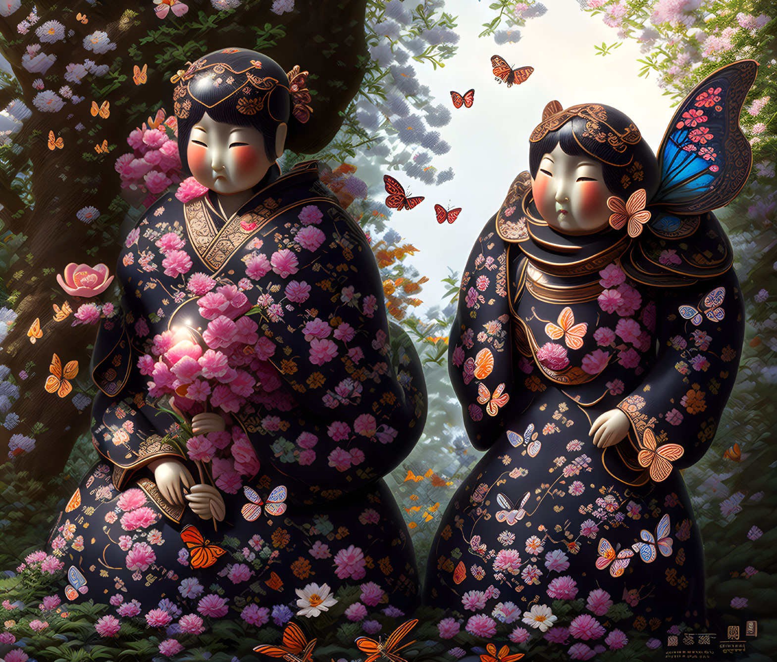 Intricately adorned kokeshi dolls in cherry blossom and butterfly scene